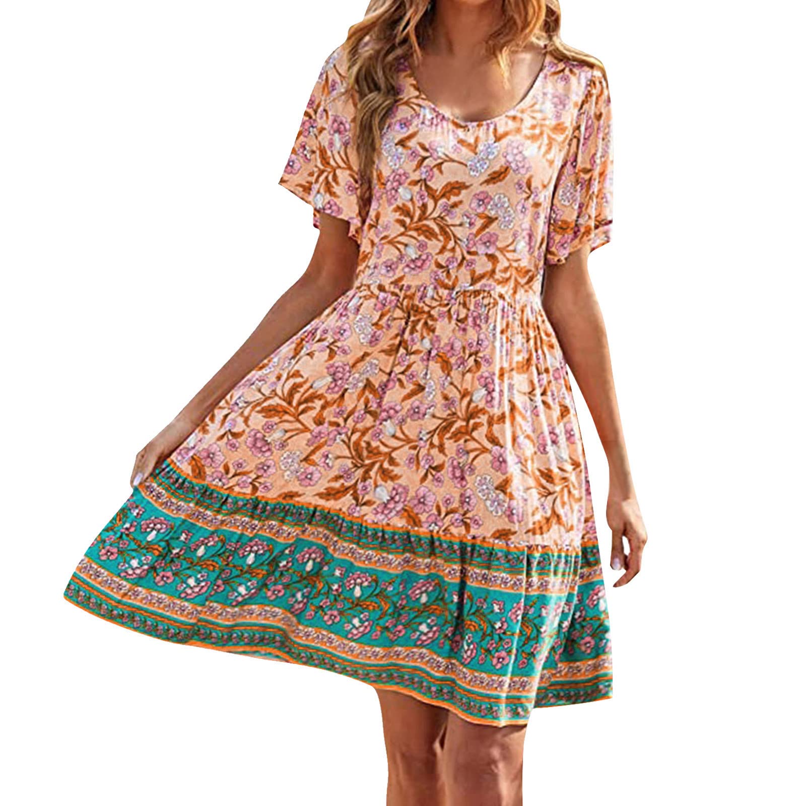 Boho Print Summer Dresses for Women - Floral V-Neck Half Sleeve Loose Maxi Dress with Strap | Perfect for Beach Vacation, Holiday Party & Casual Outings