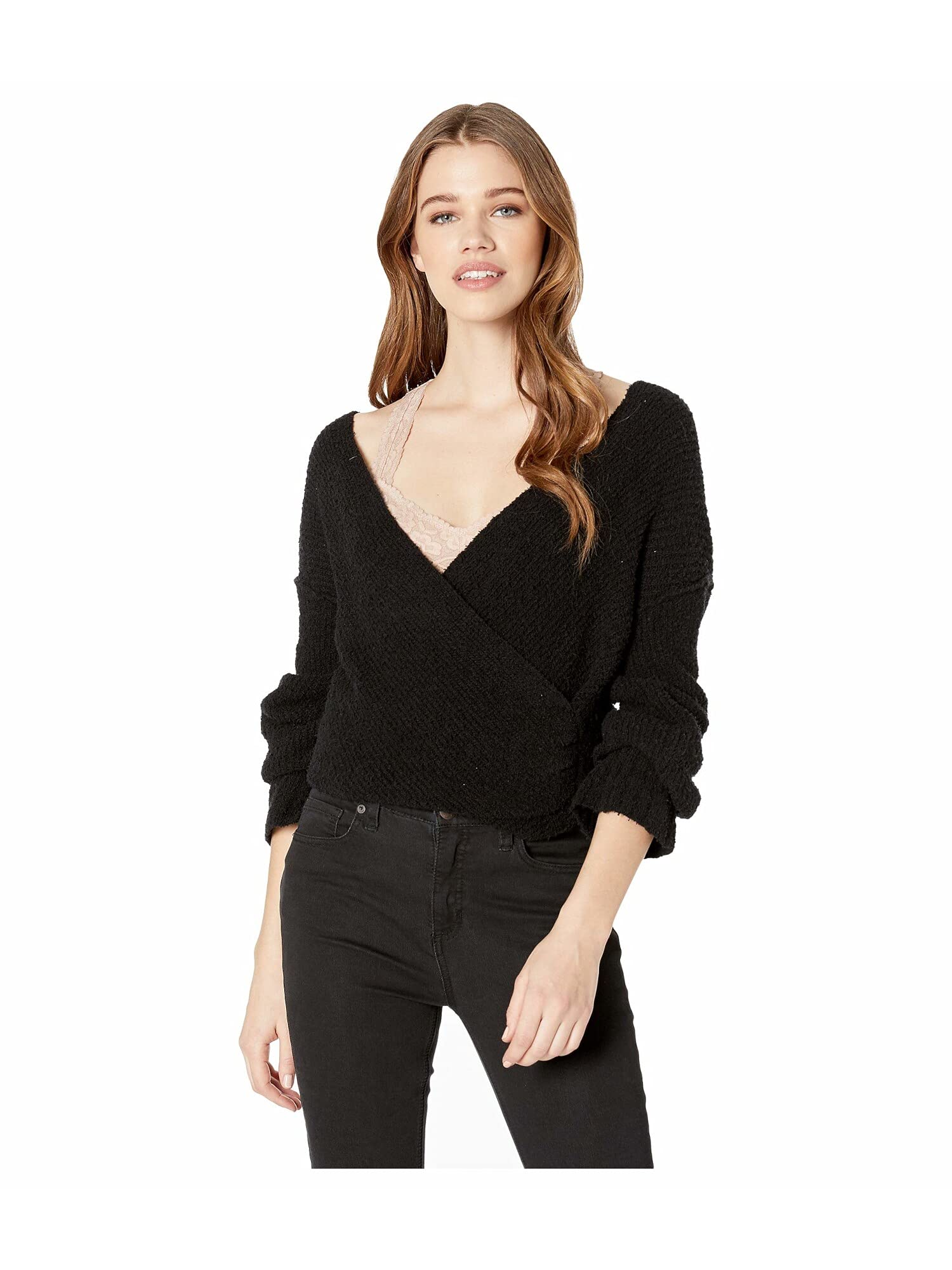 Free People Women's Faux Wrap Cropped Pullover Sweater - Black Size M | Cozy Knit Top for Casual Outings & Date Nights