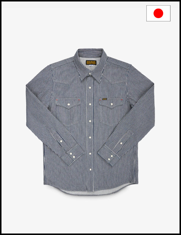 Iron Heart IHSH-07 Indigo 12oz Hickory Stripe Western Shirt - Durable Denim Workwear for Cowboy Style & Outdoor Adventures