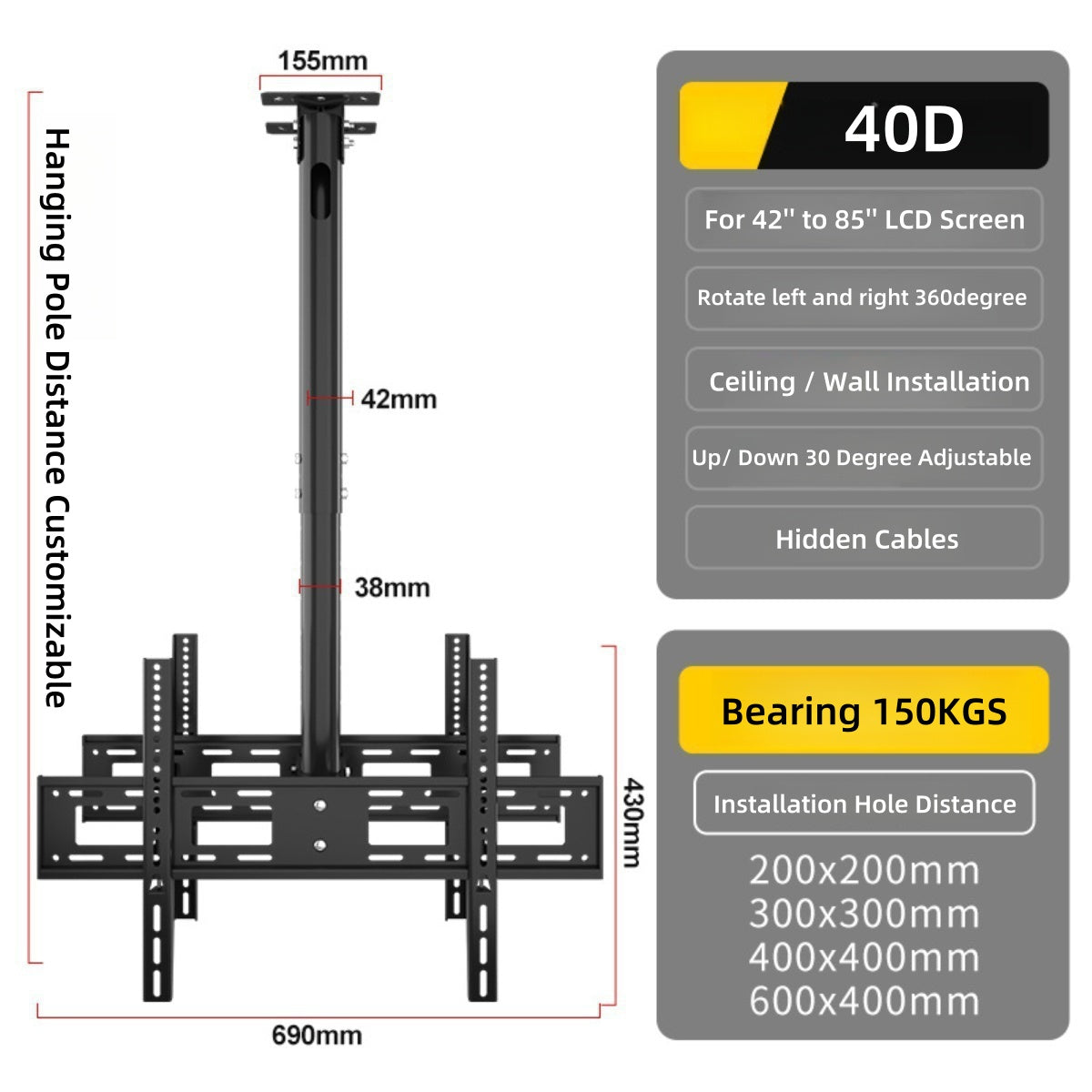 42-85 Inch Dual Back-to-Back LCD TV Wall Mount Bracket - 360 Degree Rotating Ceiling Hanger for Commercial Displays, Restaurants, Gyms & Retail Stores