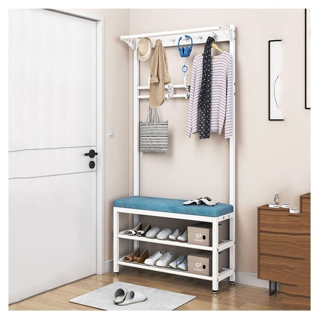 Modern Coat Rack Stand with 10 Hooks, 3-Tier Shoe Rack & Bench - Entryway Hall Tree for Bedroom, Living Room & Hallway - Sturdy Metal Frame (White, 80x33x170cm) - Perfect for Organizing Shoes, Hats & Coats in Small Spaces