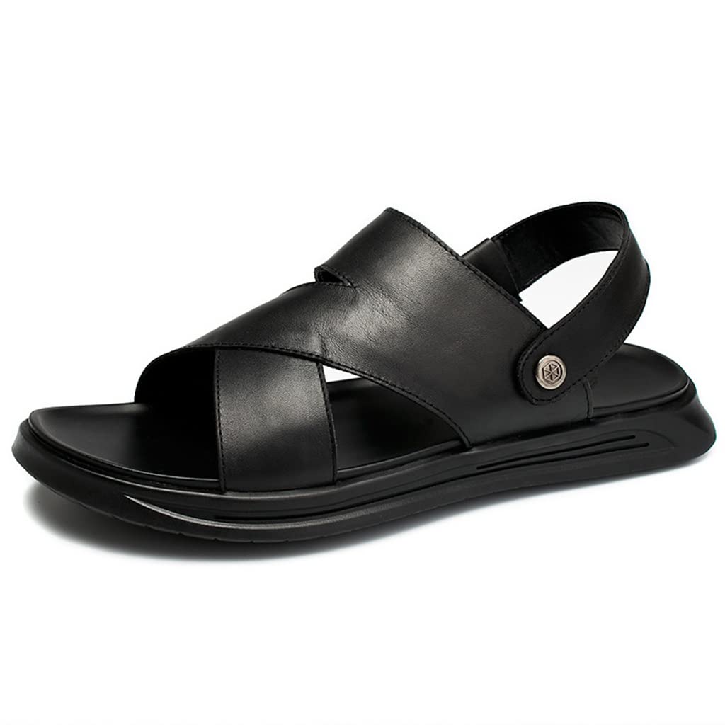 Premium Men's Leather Sandals - Soft Sole Beach Shoes for Summer - Black, Size 44 - Perfect for Vacation, Poolside & Casual Outings