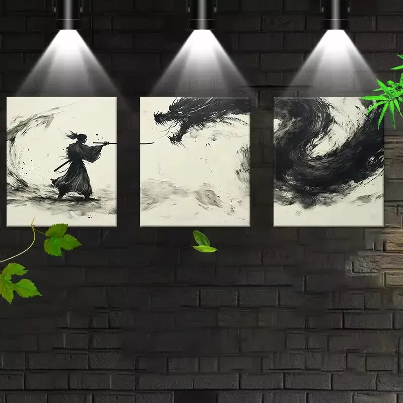 3-Piece Ancient Japanese Dragon & Samurai Wall Art Canvas Set - Framed 50x70cm High Quality Print | 100% Australian Made | Ready to Hang | Perfect for Living Room, Bedroom & Office Decor