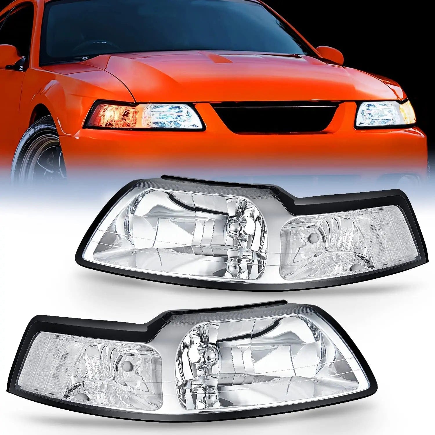 1999-2004 Ford Mustang Headlight Assembly - Chrome Housing & Clear Lens Replacement - Perfect for Night Driving & Car Restoration Projects