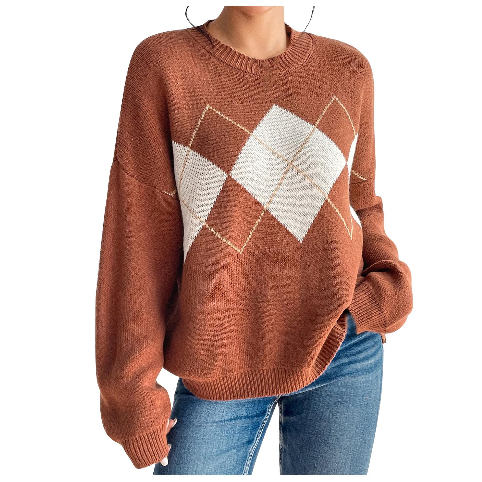 Women's Oversized Sweater - Classic Rhombus Print Crew Neck Drop Shoulder Tunic Top | Winter Fashion Knitwear | Cozy Casual Wear for Fall & Winter, Office, Dates & Holiday Outfits