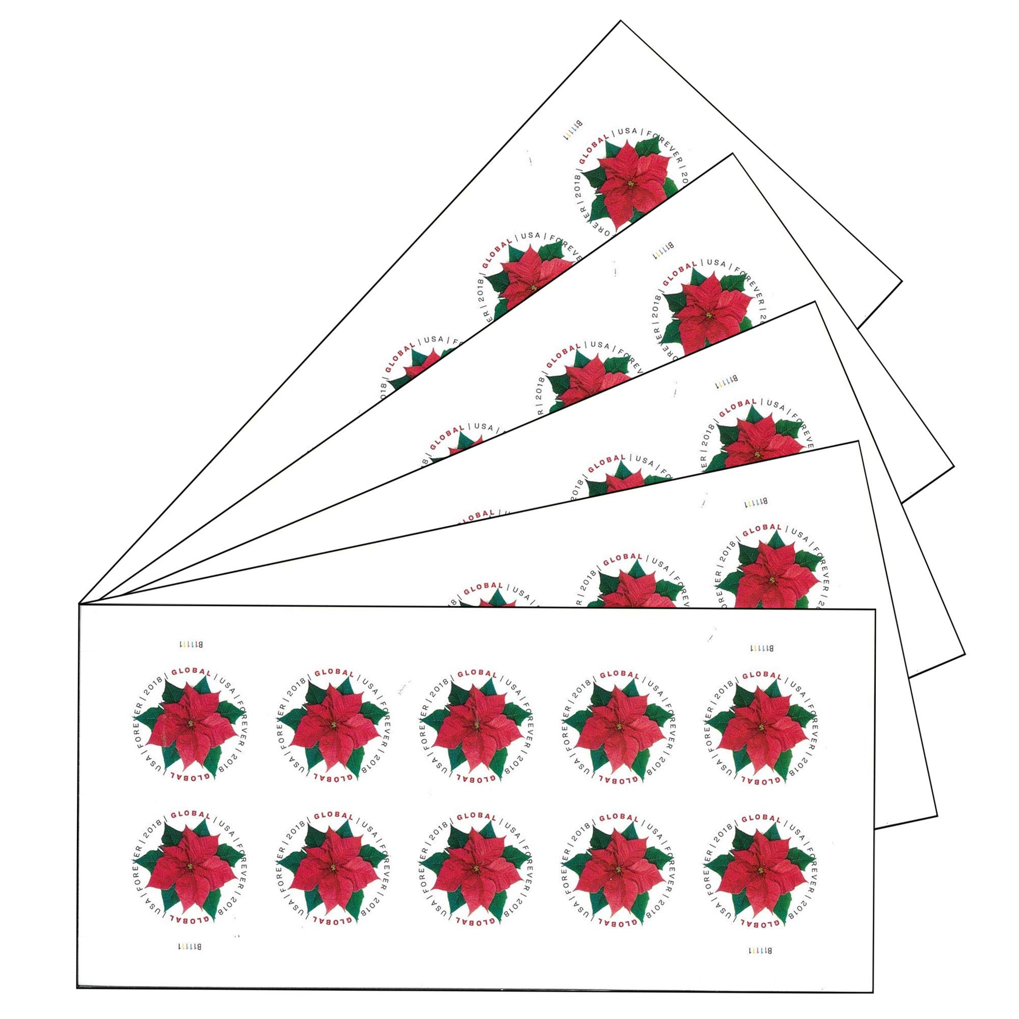 USPS Global Poinsettia Forever Stamps (5 Sheets of 10) - Valid for 1oz International First-Class Mail - 2018 Scott #5311 - Perfect for Holiday Cards & International Shipping