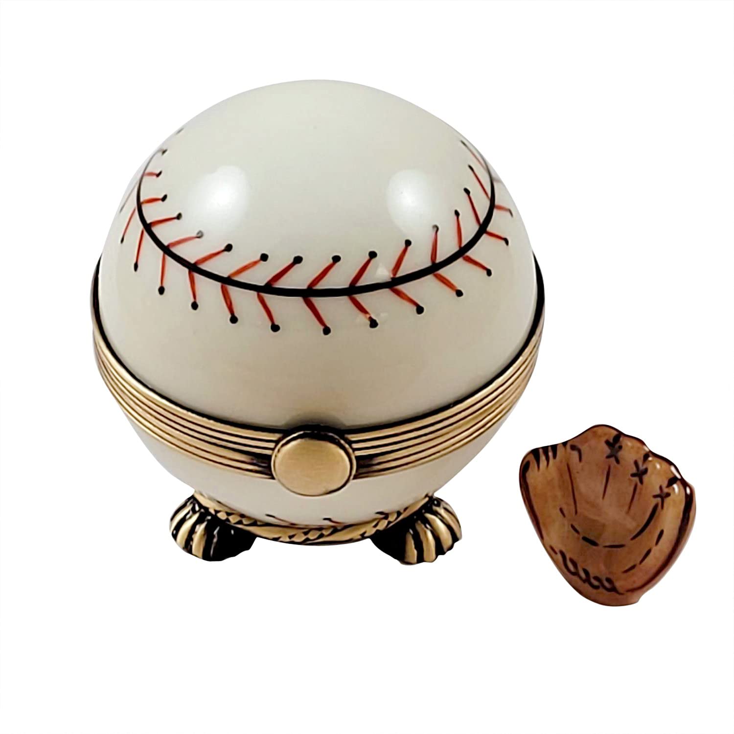 Limoges Porcelain Baseball on Stand with Removable Glove - Collectible Decorative Box for Sports Fans & Home Display | Perfect Gift for Baseball Enthusiasts