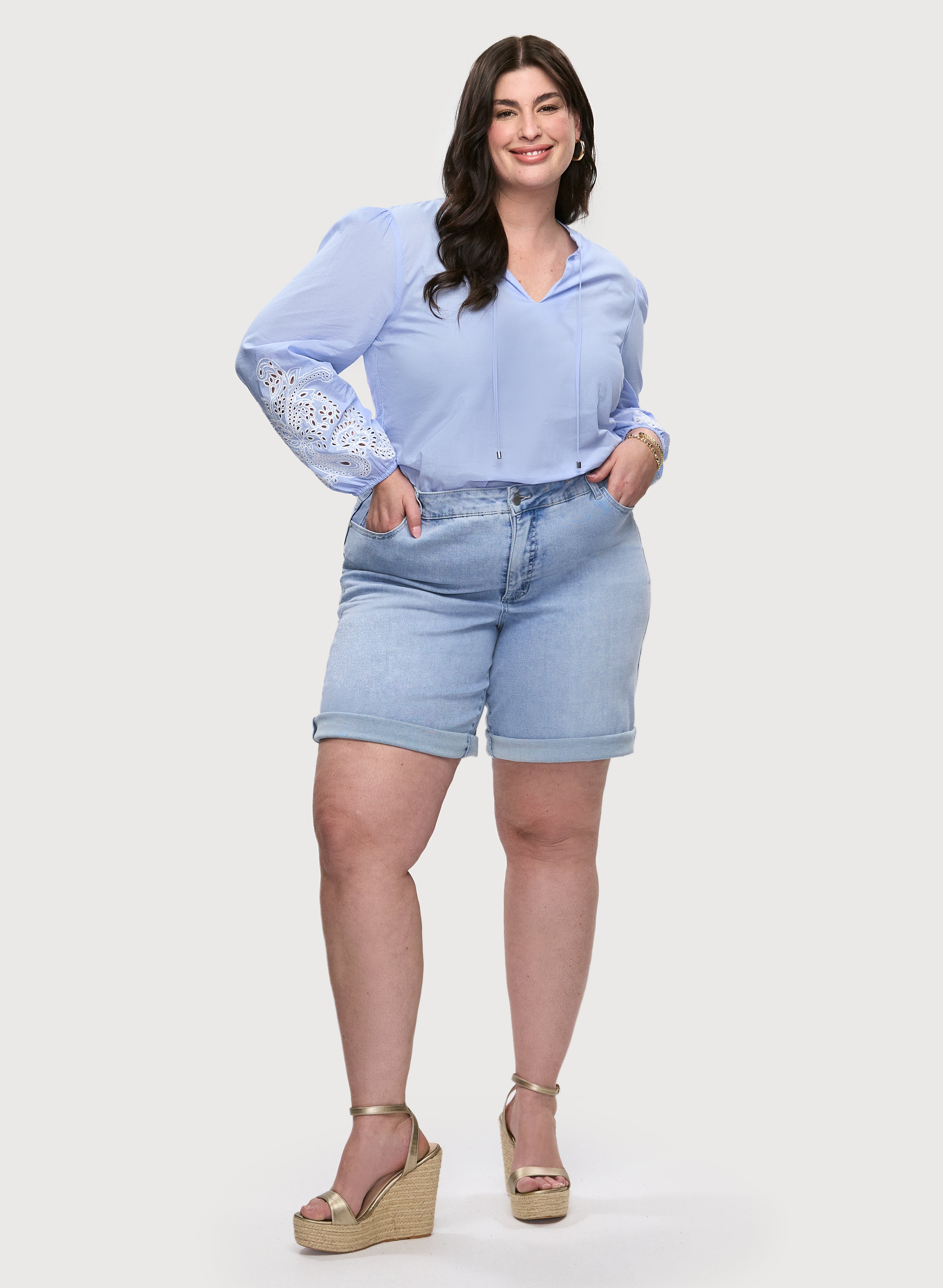 Embroidered Bouffant Sleeve Blouse & Denim Bermuda Shorts Set - Women's Fashion Casual Outfit for Summer, Beach & Vacation Wear