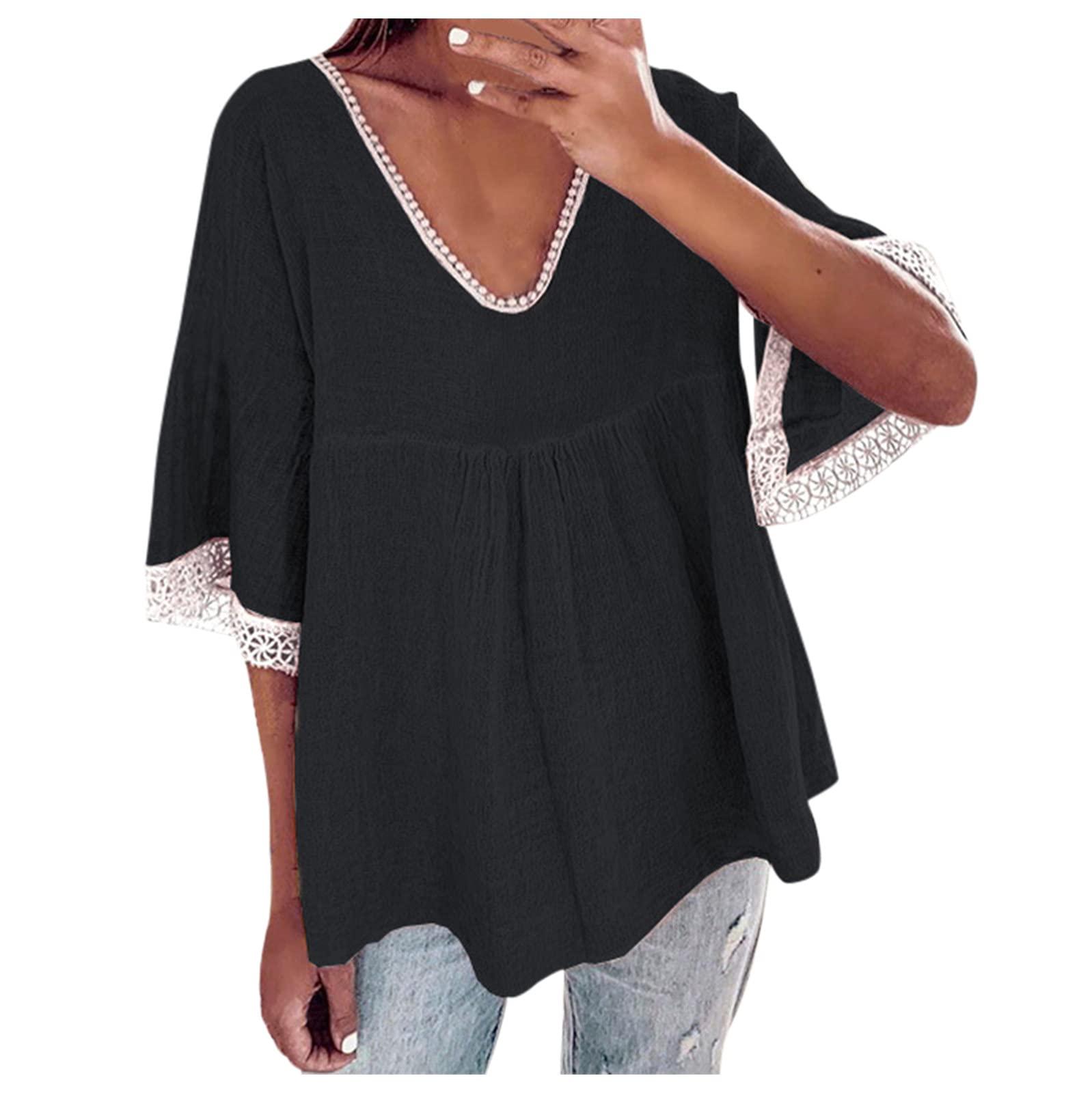 Blekii Women's Bell Sleeve Cotton Linen Swing Shirt - Half Sleeve V-Neck Loose Fit Flowy Top with Lace Trim | Casual Summer Blouse for Beach, Office & Date Night