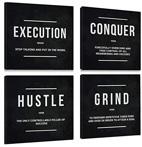 Grind Hustle Execution Conquer - Black Entrepreneur Motivational Canvas Wall Art Set (12