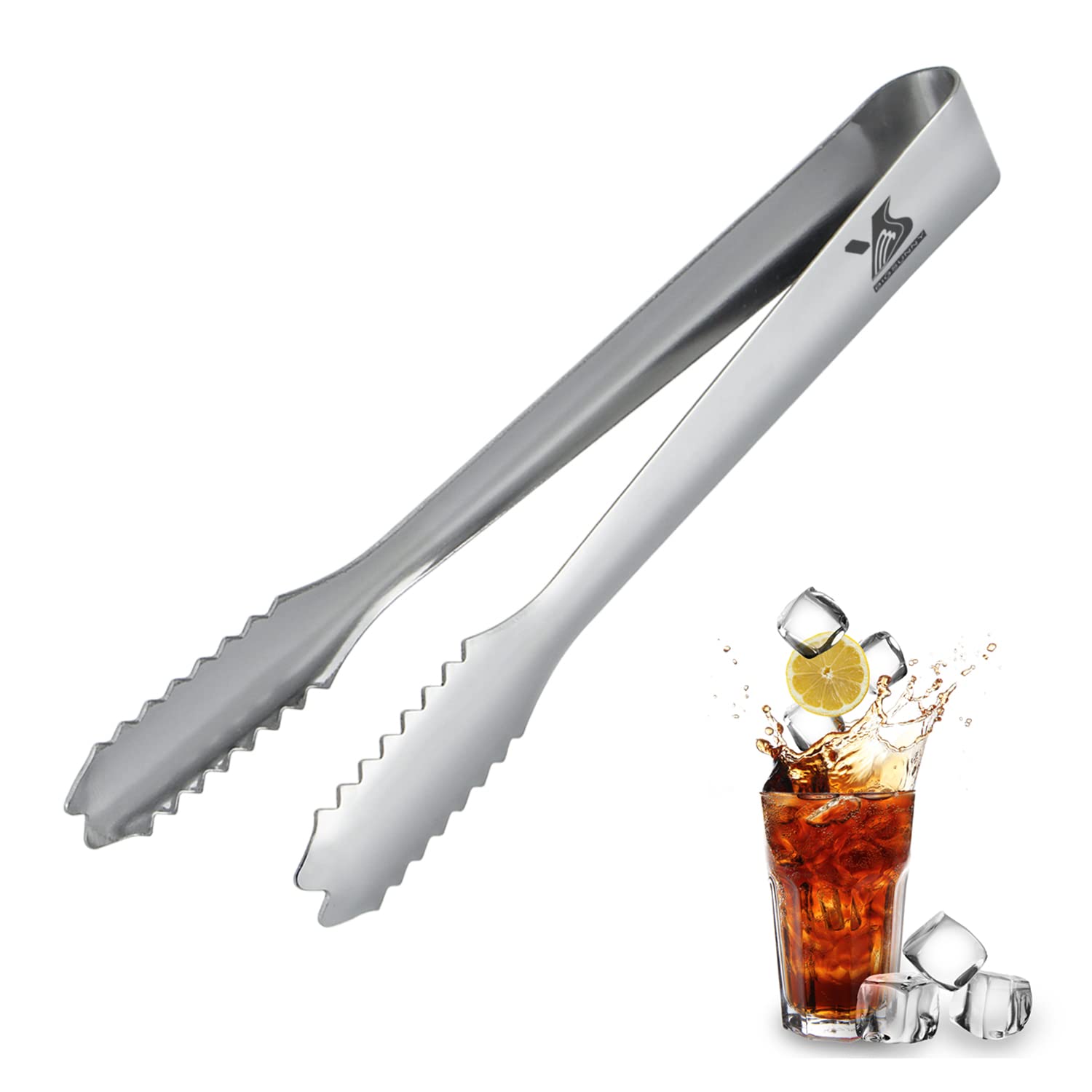 MSY BIGSUNNY 7-Inch Stainless Steel Ice Tongs with Teeth - Silver Small Serving Tongs for Ice Bucket, Cocktails, and Beverage Service