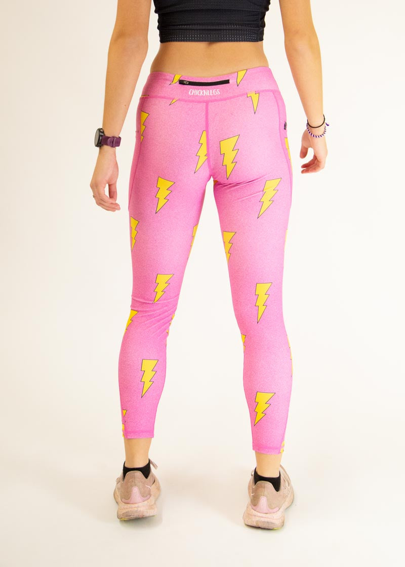 Women's High Waisted Pink Bolts Print Yoga Leggings - Soft Stretchy Workout Pants for Running, Gym & Lounge Wear