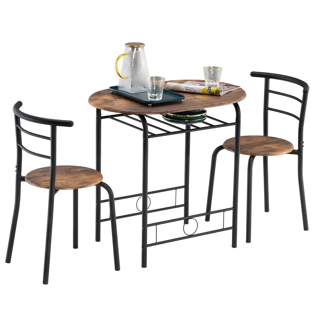 3 Piece Kitchen Table Set with Wine Rack - Compact Dining Table & 2 Chairs, Metal Frame, Easy to Clean & Portable - Perfect for Small Spaces, Apartments & Outdoor Use (Dark Brown)