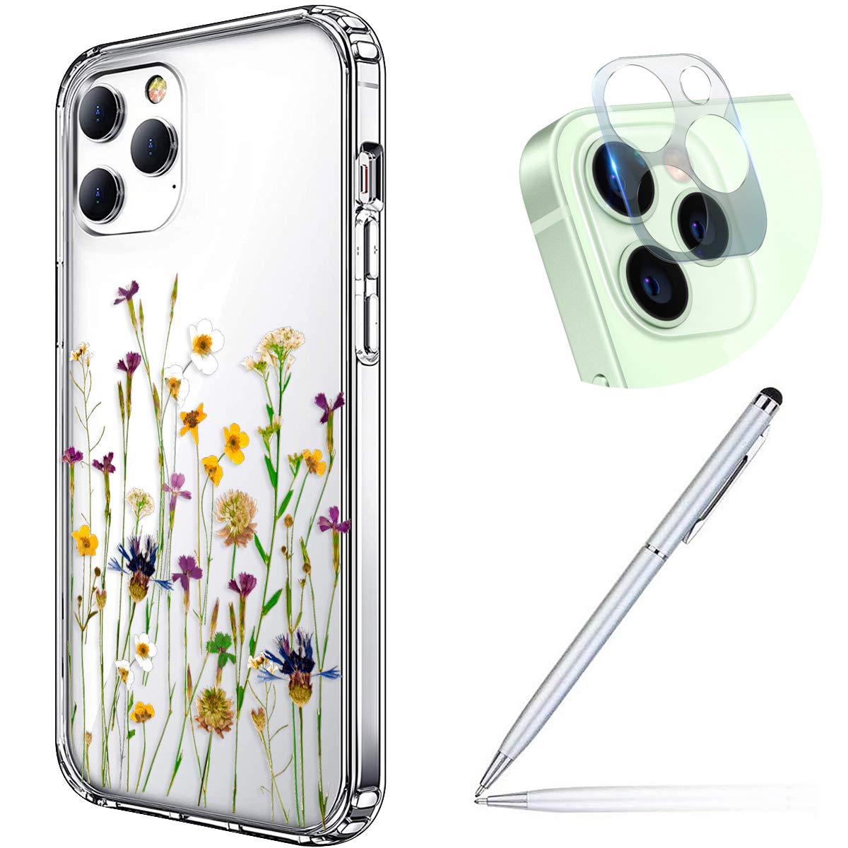 Clear Soft Silicone TPU Case for iPhone 12 Pro - Floral Embossed Design Protective Cover with Camera Lens Protector | Slim Fit Shockproof Phone Case for Women & Girls | Perfect for Everyday Use, Work & Travel