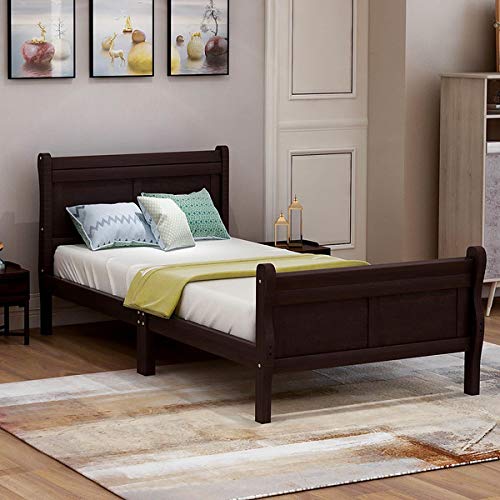 Solid Wood Platform Bed Frame with Headboard & Footboard - Twin Size, Mattress Foundation with Wood Slat Support (No Box Spring Needed) - Easy Assembly for Bedroom, Guest Room & Dorm