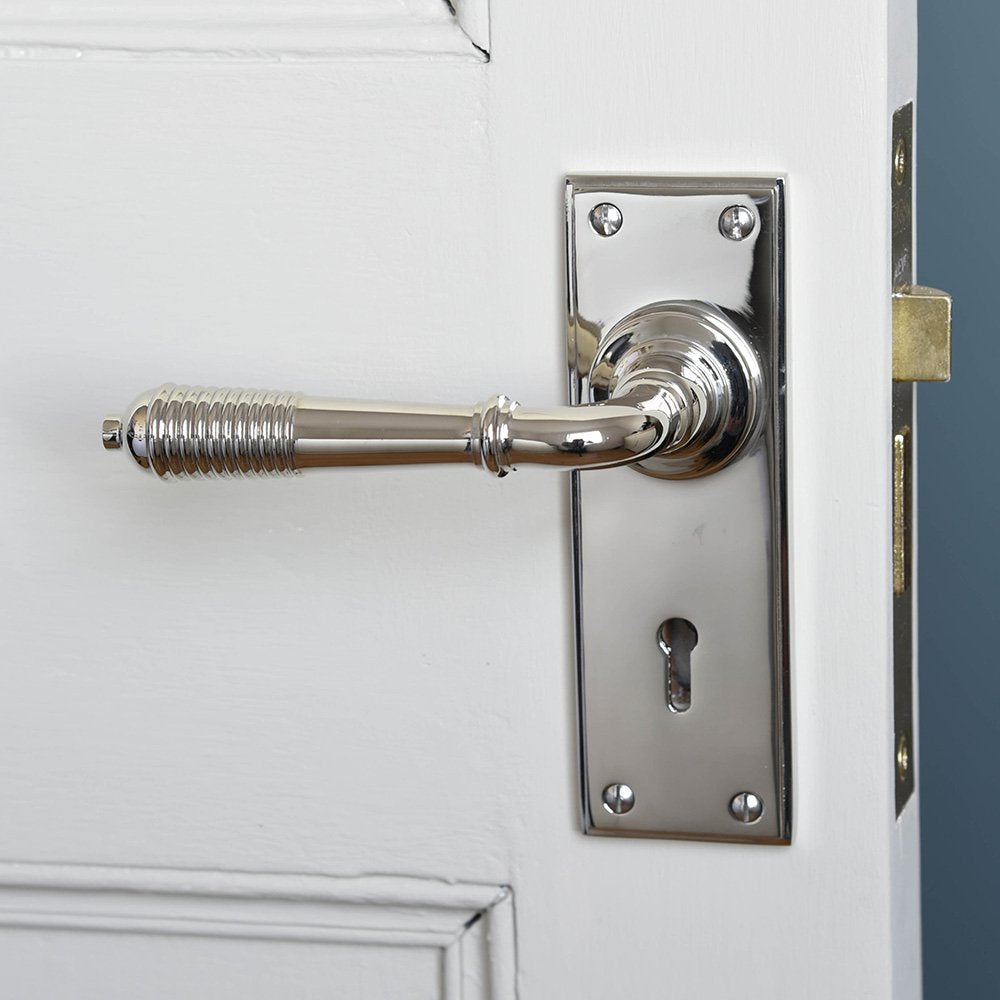 Polished Nickel Reeded Lever Lock Door Handles - Modern & Secure Entryway Hardware for Interior & Exterior Doors | Perfect for Homes, Offices & Commercial Spaces