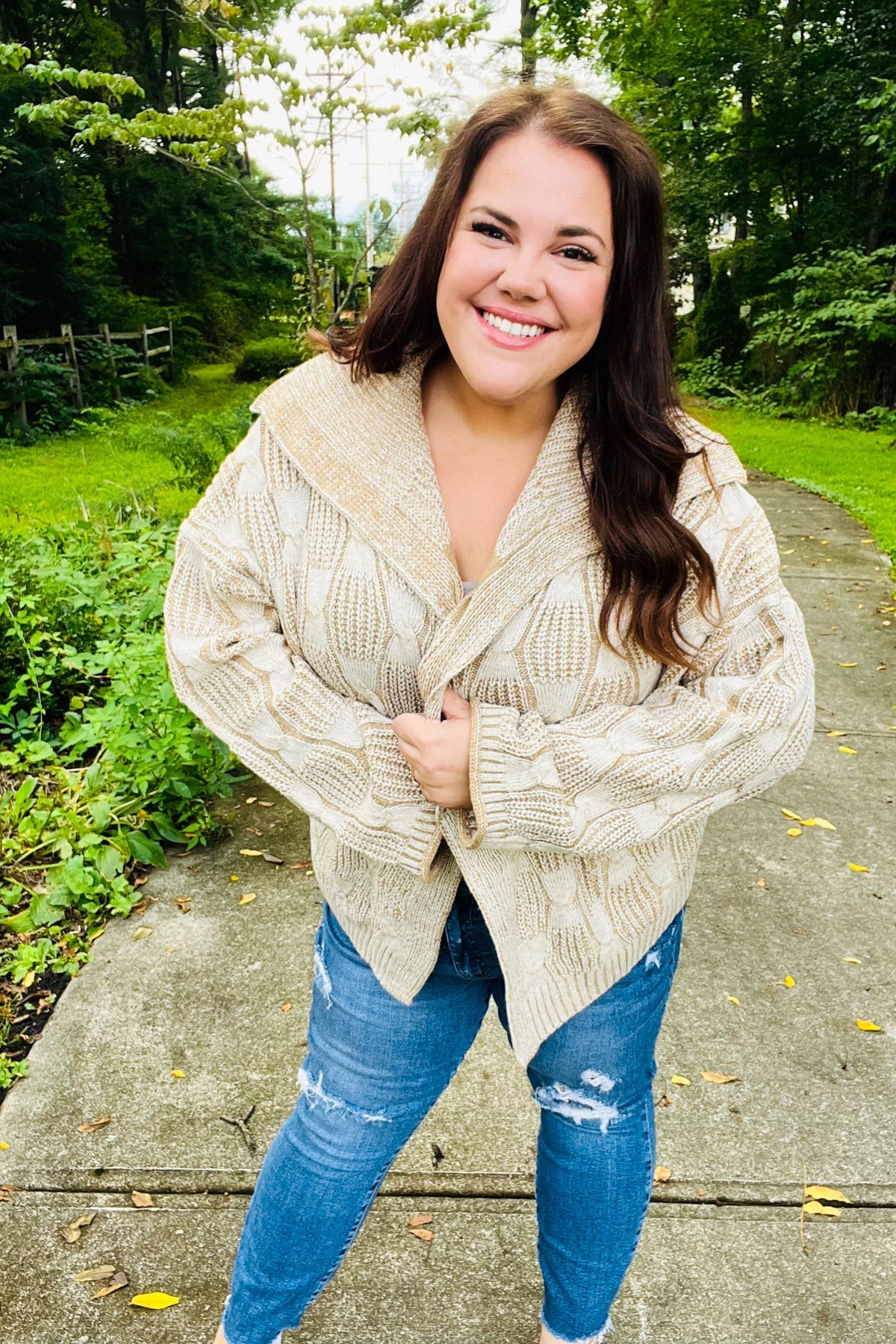 Cozy Taupe Textured Cable Knit Collared Cardigan for Women | Autumn Fall Sweater | Perfect for Layering, Office Wear & Casual Outfits