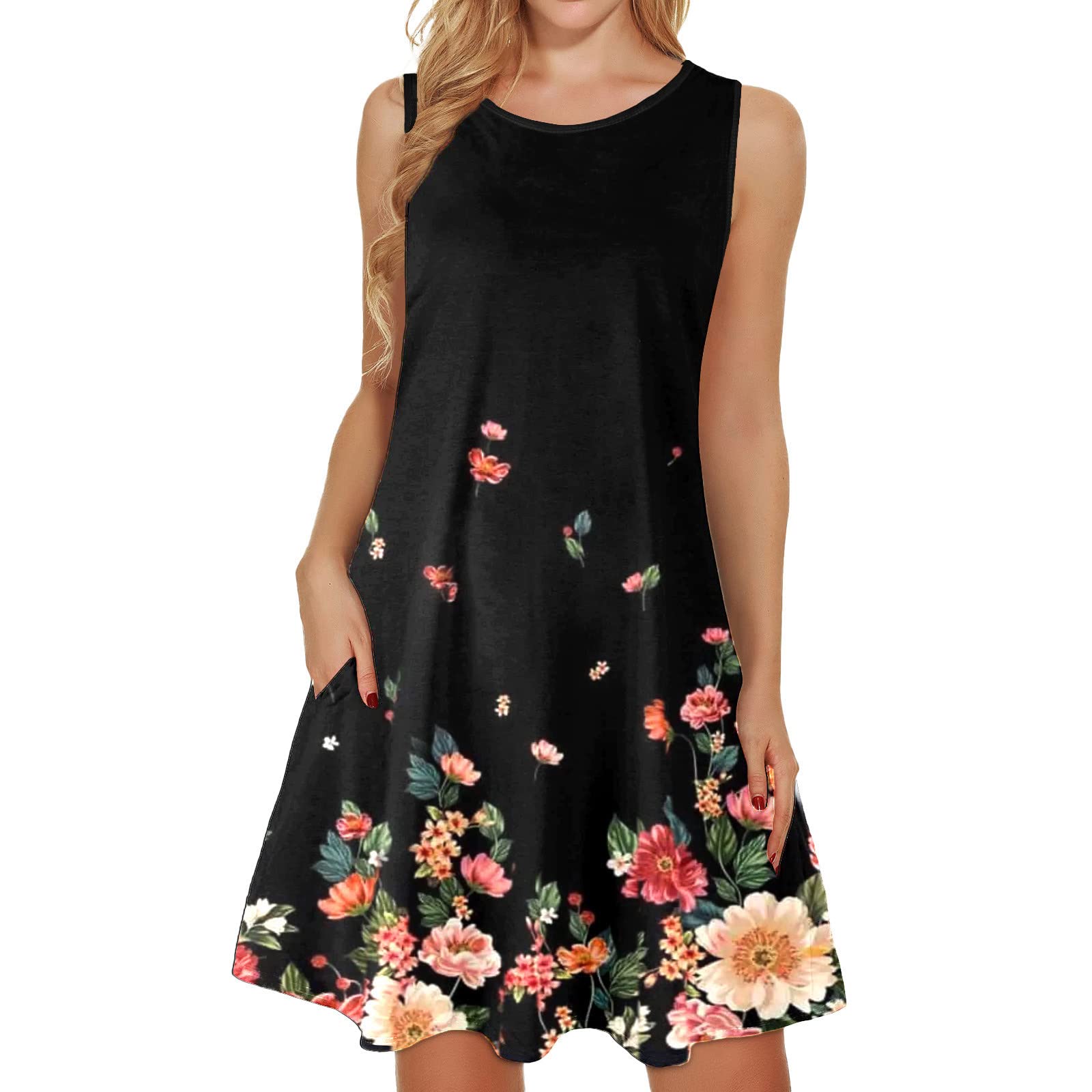 BODOAO Women's Floral Printed Summer Beach Sundress - Sleeveless Maxi Dress with Pockets, Casual Boho Dress for Vacations, Pool Parties & Outdoor Events