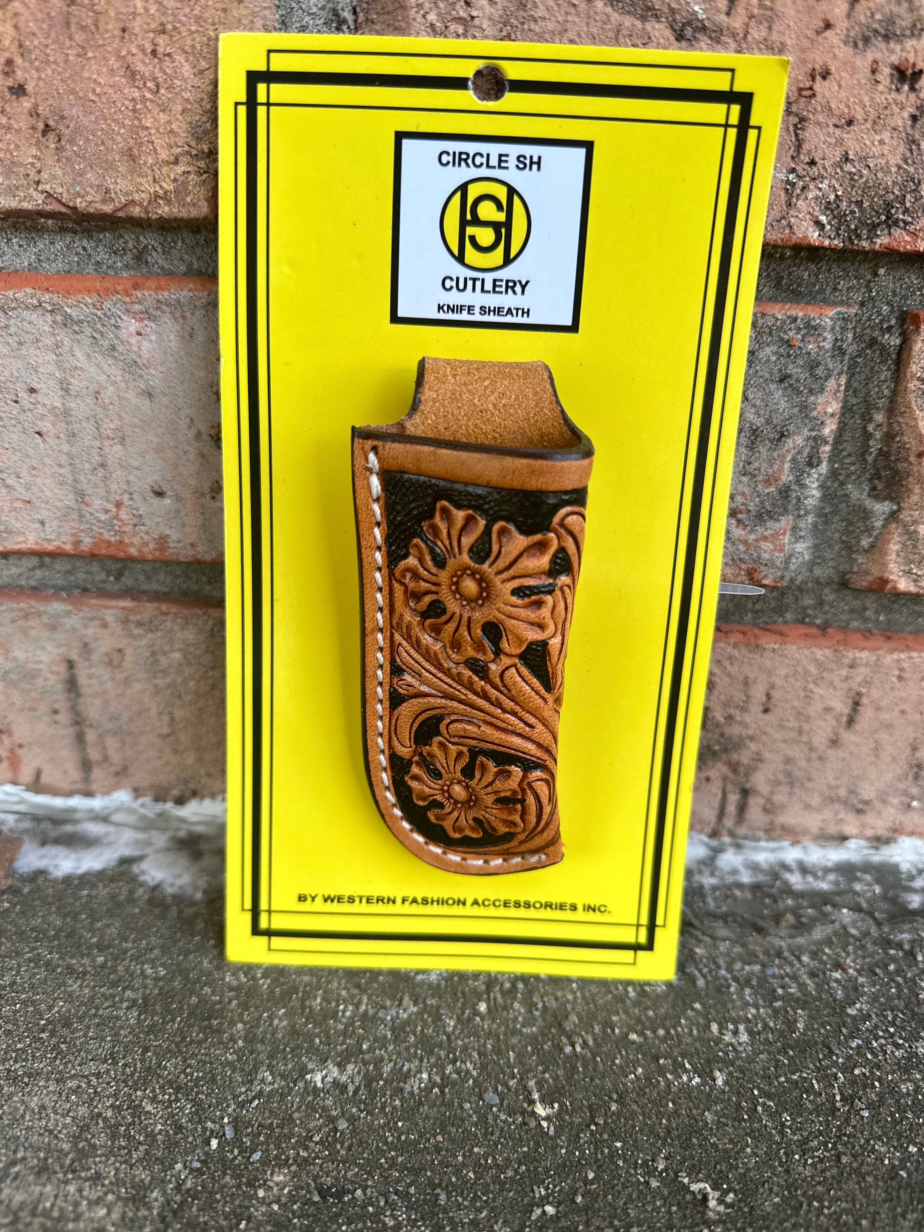 Circle SH Floral Tooled Leather Knife Sheath - Handcrafted Western Style Belt Holder for Hunting & Outdoor Activities