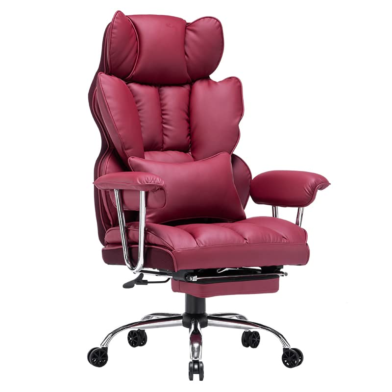 Ergonomic Big High Back PU Leather Office Chair - Executive Swivel Computer Desk Chair with Adjustable Lumbar Support & Retractable Footrest - Red Leather Gaming/Work Chair for Home Office & Workspace
