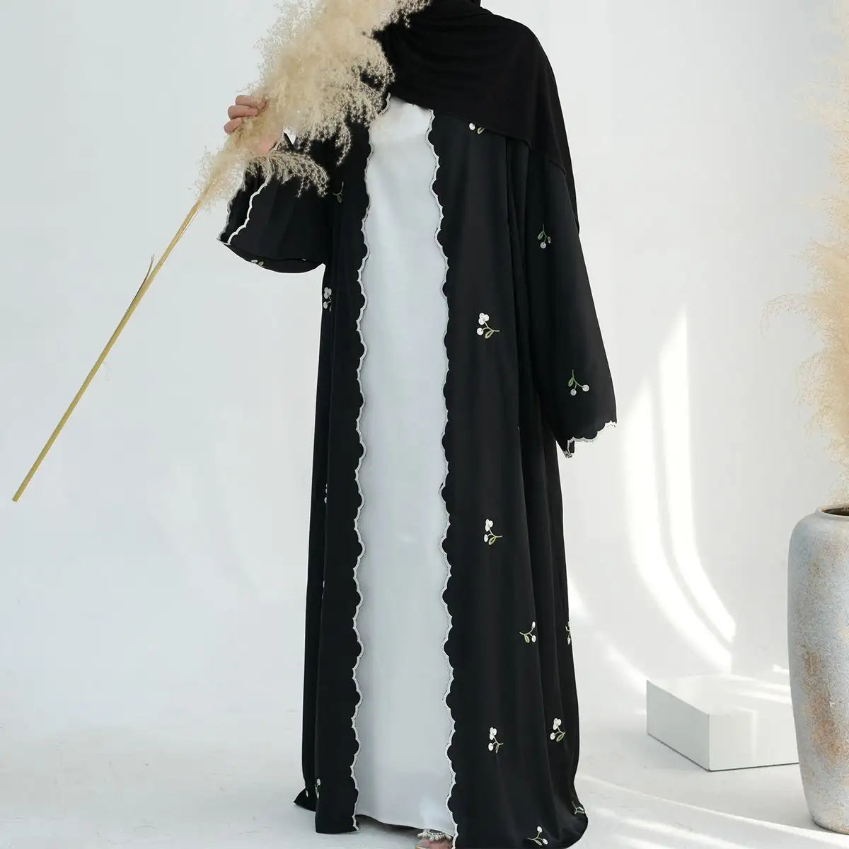 Elegant Floral Embroidered Open Front Abaya Dress for Women - Boho Chic Cardigan Cover Up - Perfect for Prayer, Mosque, and Special Occasions