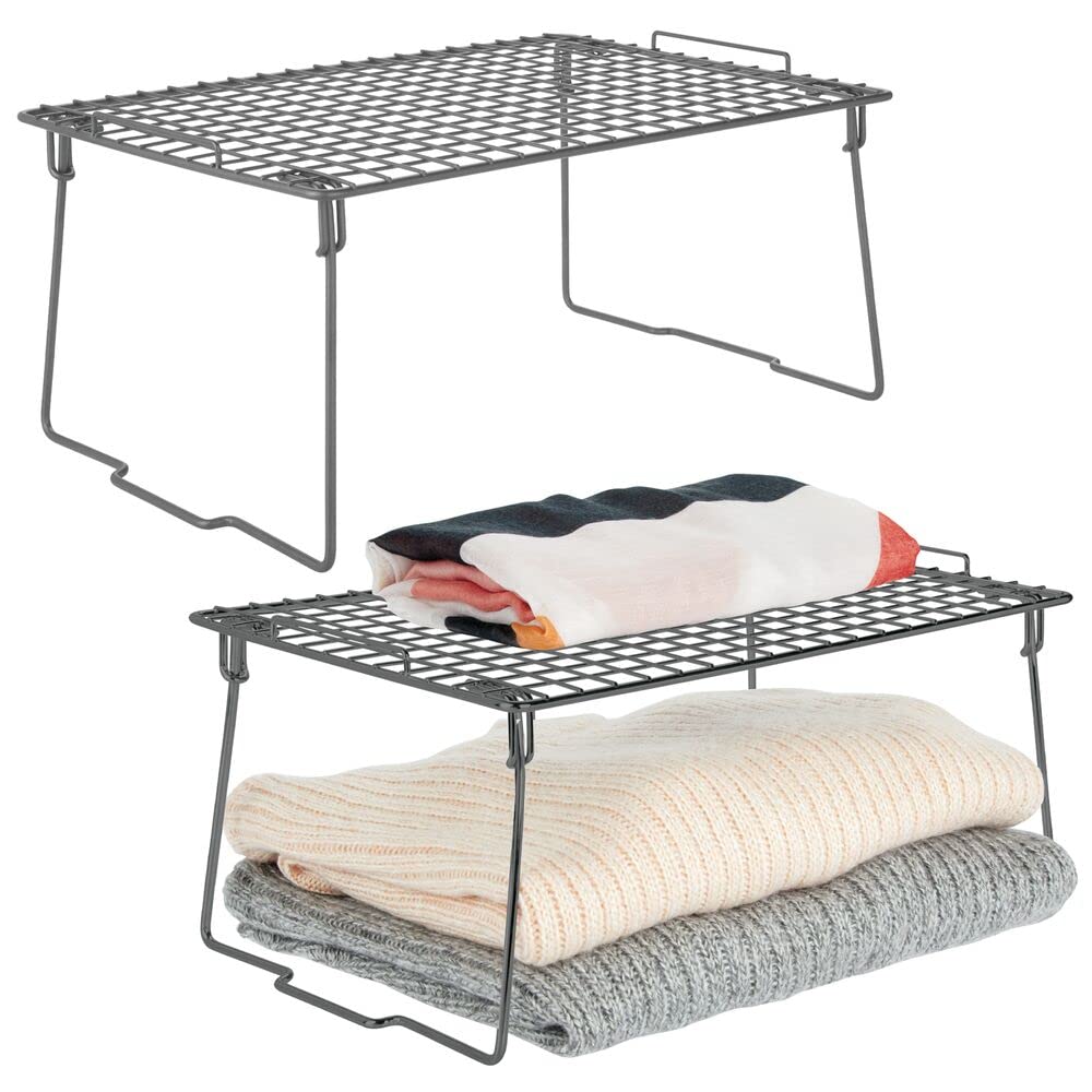 mDesign Farmhouse Metal Stacking Storage Shelf - 2-Tier Organizer for Closet, Cabinet & Countertop - Space Saving Solution for Bedroom, Bathroom, Entryway & Hallway - 2 Pack in Graphite Gray - Perfect for Home Organization & Small Space Storage