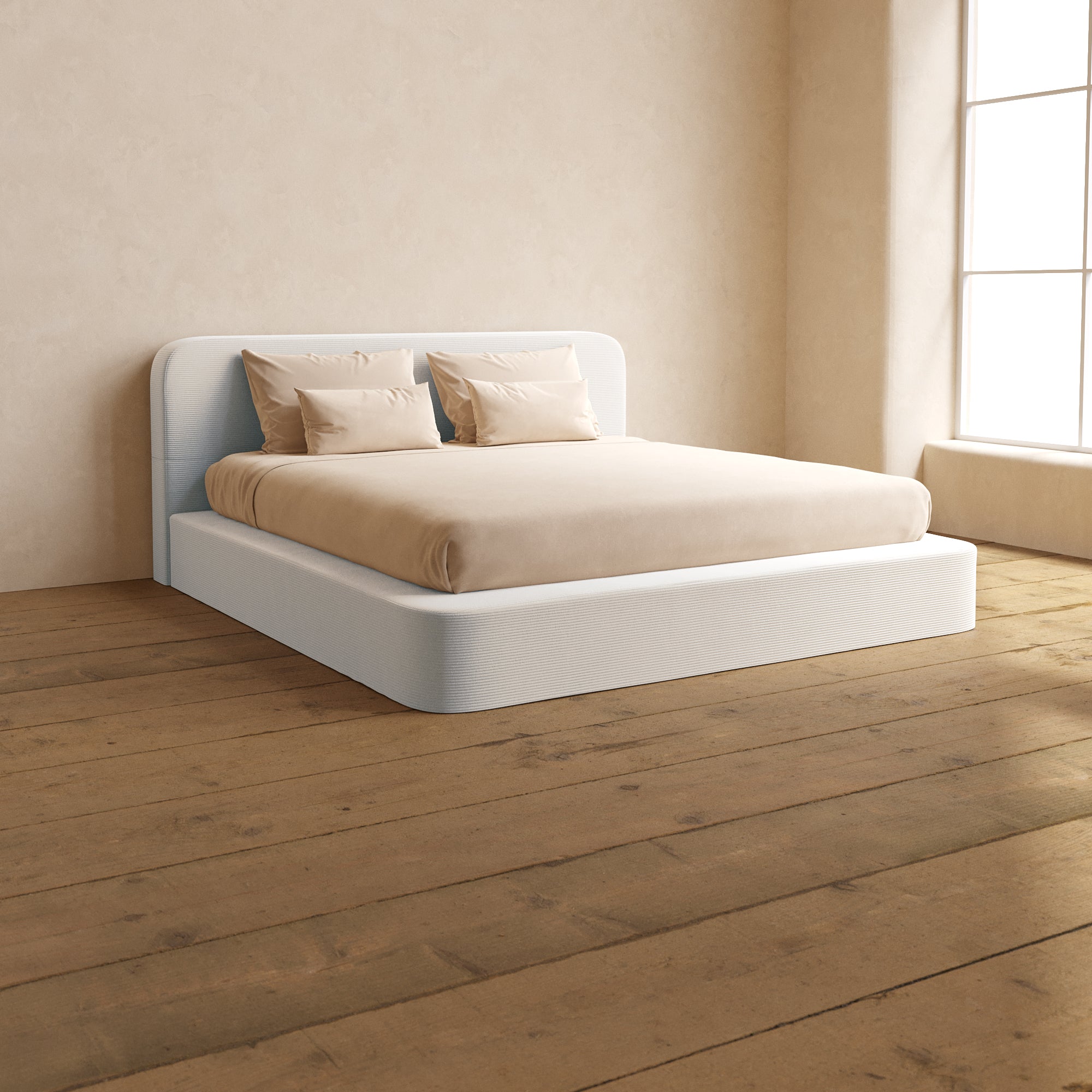 Luxury King Upholstered Platform Bed with Headboard - Soft Corduroy Fabric in Cream White | Perfect for Master Bedroom, Guest Room & Modern Home Decor