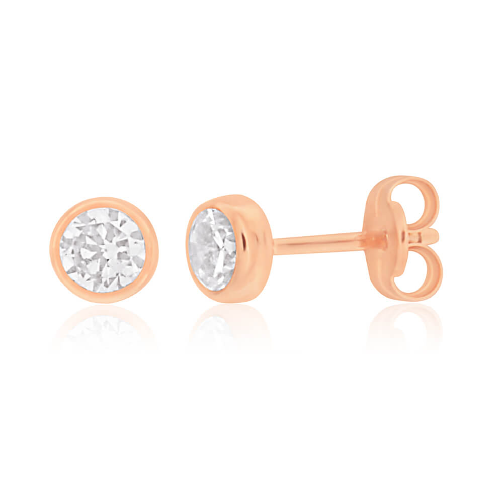 9ct Rose Gold 4mm Bezel Set Cubic Zirconia Stud Earrings for Women - Elegant Everyday Jewelry Gift for Her - Perfect for Weddings, Parties & Special Occasions