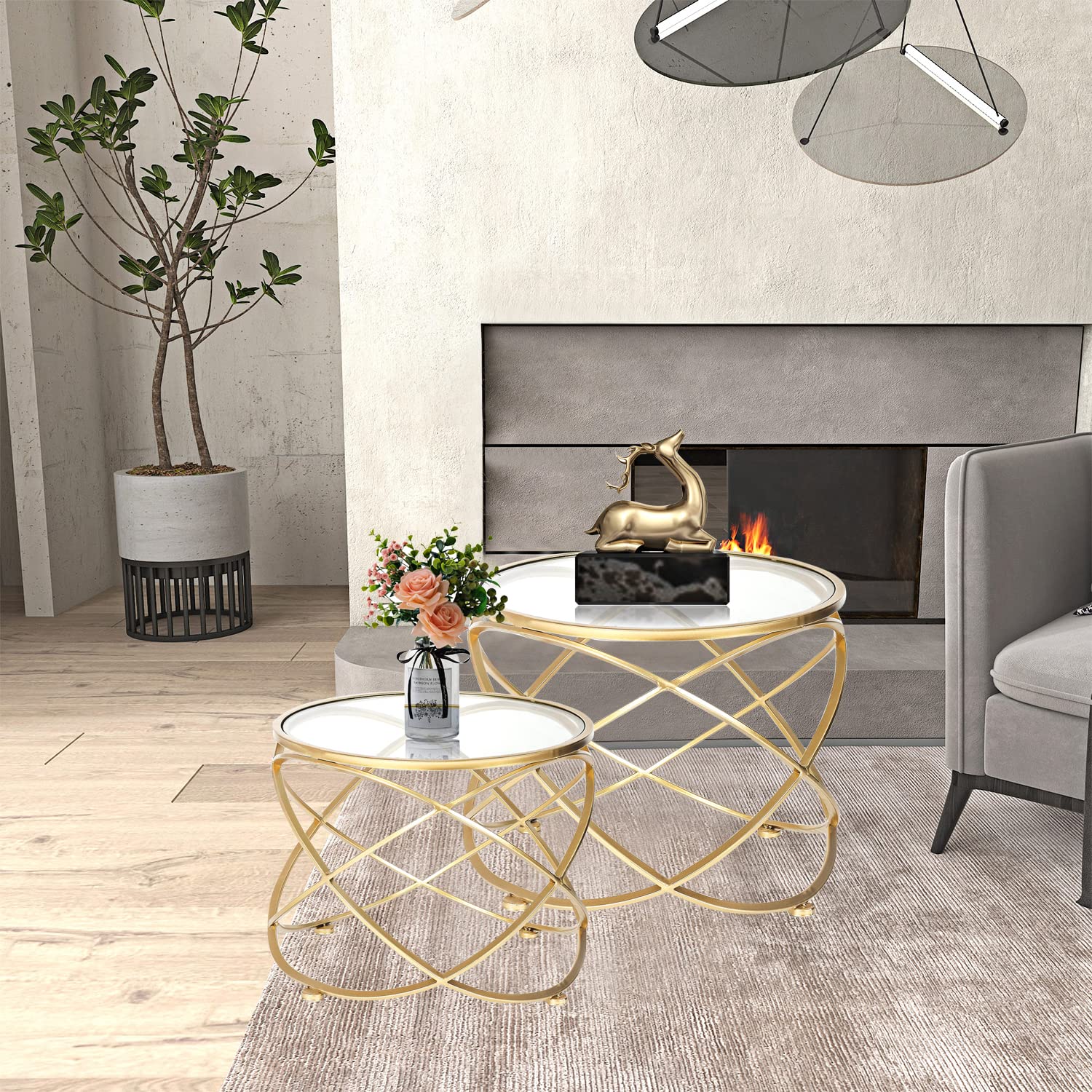 Homebeez 2-Piece Gold Nesting Side Tables Set - Round Glass Top Coffee & Nightstand for Living Room, Bedroom - Modern Decorative End Tables for Small Spaces