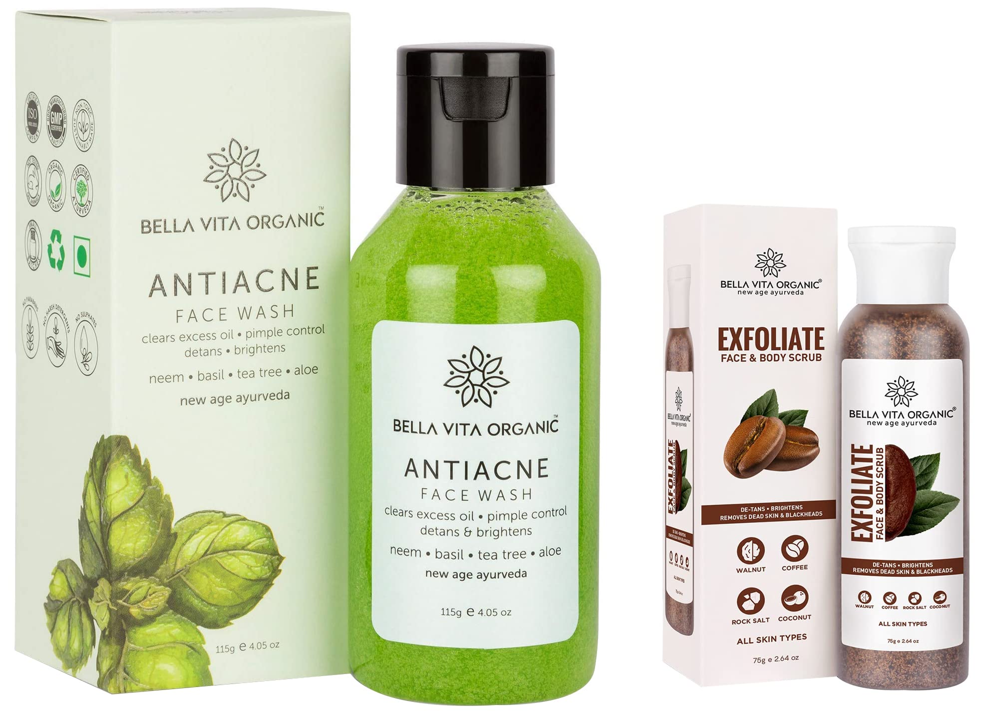 Organic Coffee Scrub & Anti-Acne Face Wash Set - Exfoliating Blackhead Remover for Face & Body (75g) + Oil Control Cleanser (100ml) | Skincare Routine for Glowing Skin, Acne Treatment & Deep Cleansing