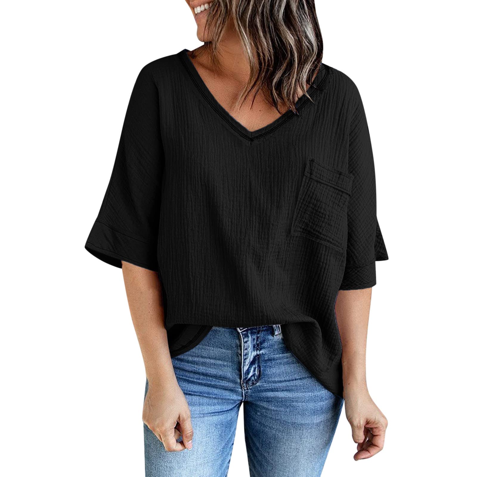 MOKINGTOP Women's Casual V-Neck 3/4 Sleeve Tunic Top with Side Split Hem - Loose Summer Blouse for Women | Perfect for Office, Beach & Everyday Wear