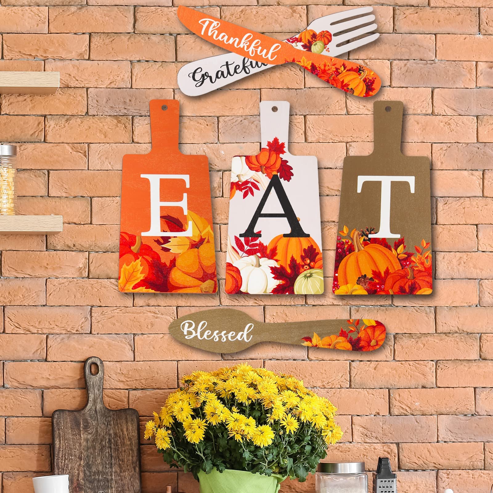 6 Pcs Fall Wooden Cutting Board Set with Knife Fork Spoon - Thanksgiving Kitchen Wall Decor for Farmhouse