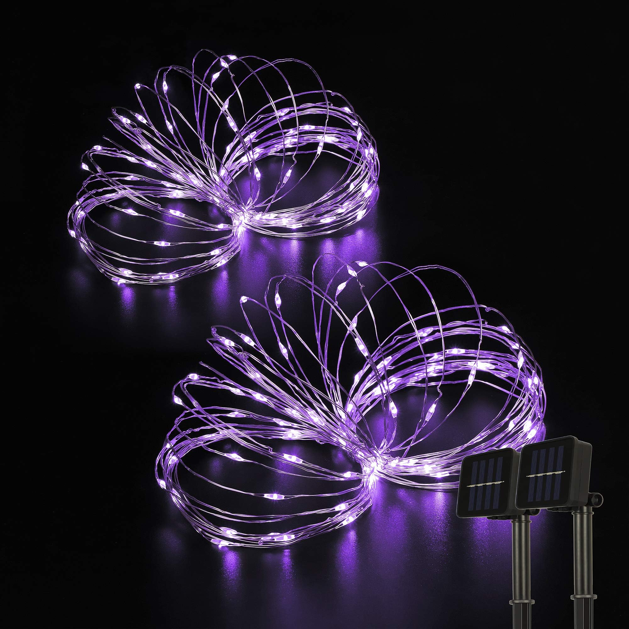 Purple Solar Halloween Lights - 2 Pack 66FT 200 LED Fairy String Lights with 8 Modes, Waterproof Outdoor Copper Wire Lights for Halloween, Christmas, Garden, Wedding Decorations - Perfect for Patio, Yard, and Party Decor (Purple)