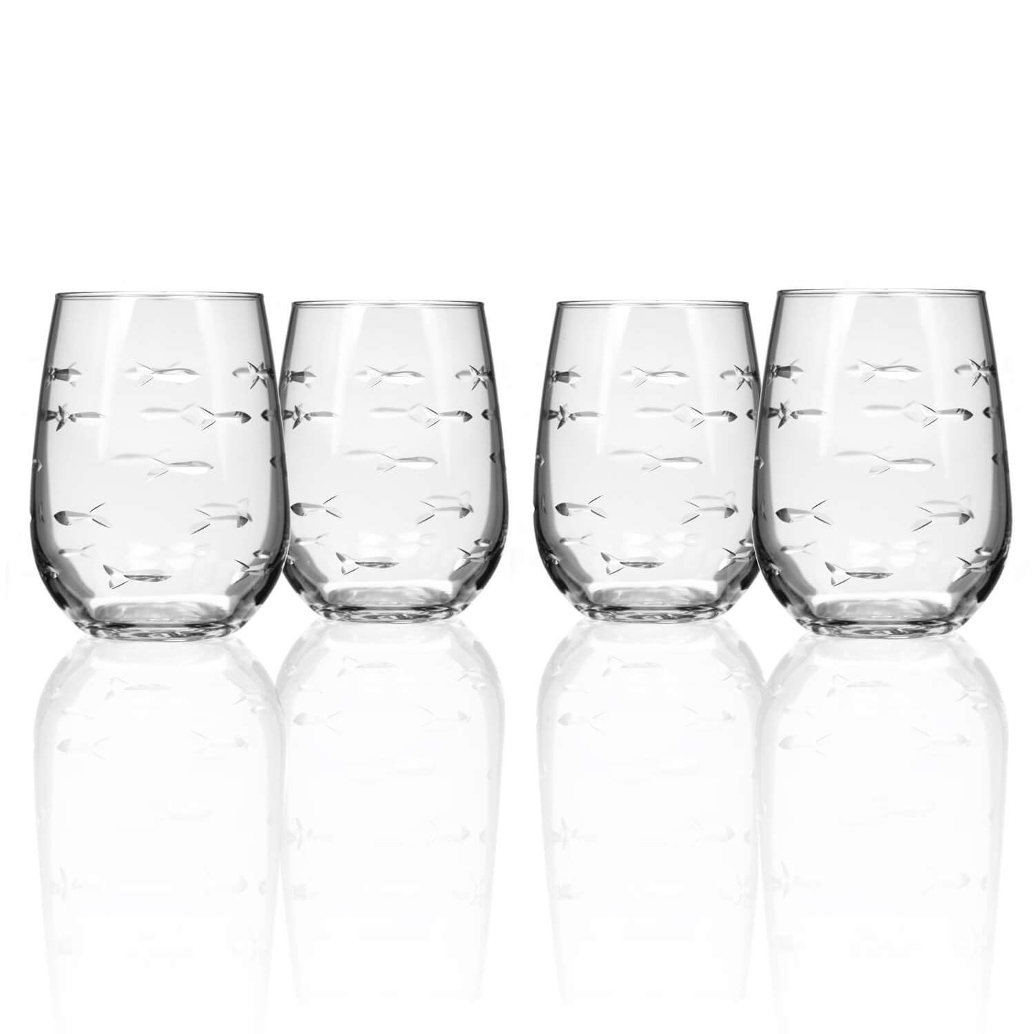 Rolf Glass School of Fish Stemless Wine Tumbler Set of 4 - 17oz Lead-Free Etched Glass Tumblers - Handcrafted in USA - Perfect for Parties, Weddings & Home Decor
