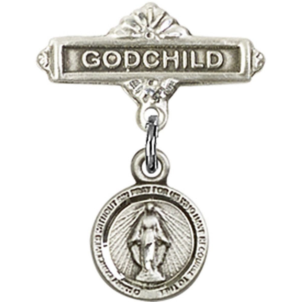 Sterling Silver Baby Badge with Miraculous Charm - Godchild Gift Pin 7/8