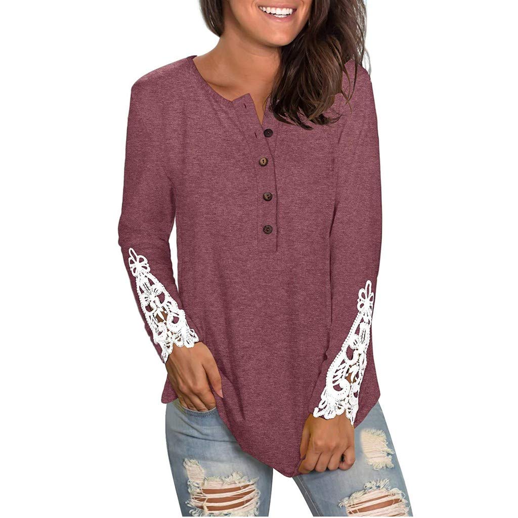 Wocachi Women's Henley Blouse - Solid Color Lace Hollow Out Long Sleeve Tunic Top, Round Neck Pleated Lightweight Polyester Blend Shirt for Back to School, Office Wear and Casual Outfits