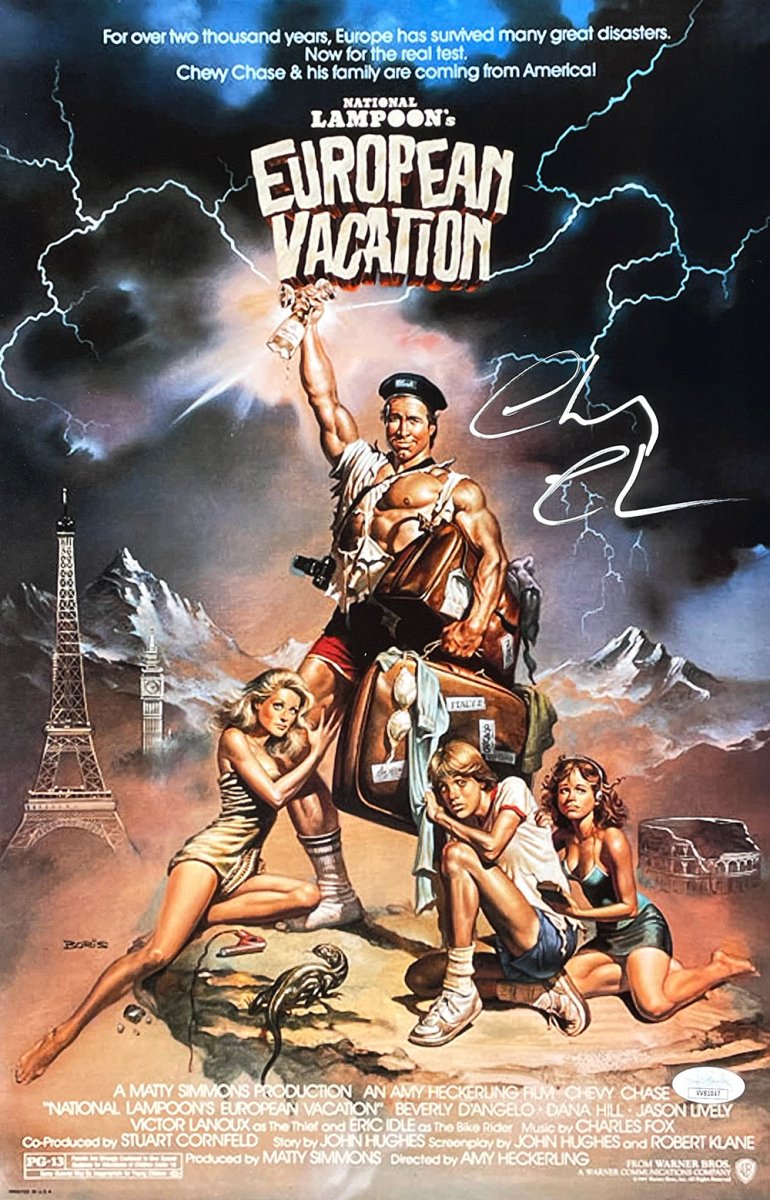 Authentic Chevy Chase Autographed National Lampoon's European Vacation 11x17 Movie Poster with JSA Certificate - Perfect for Film Memorabilia Collectors & Home Theater Decor