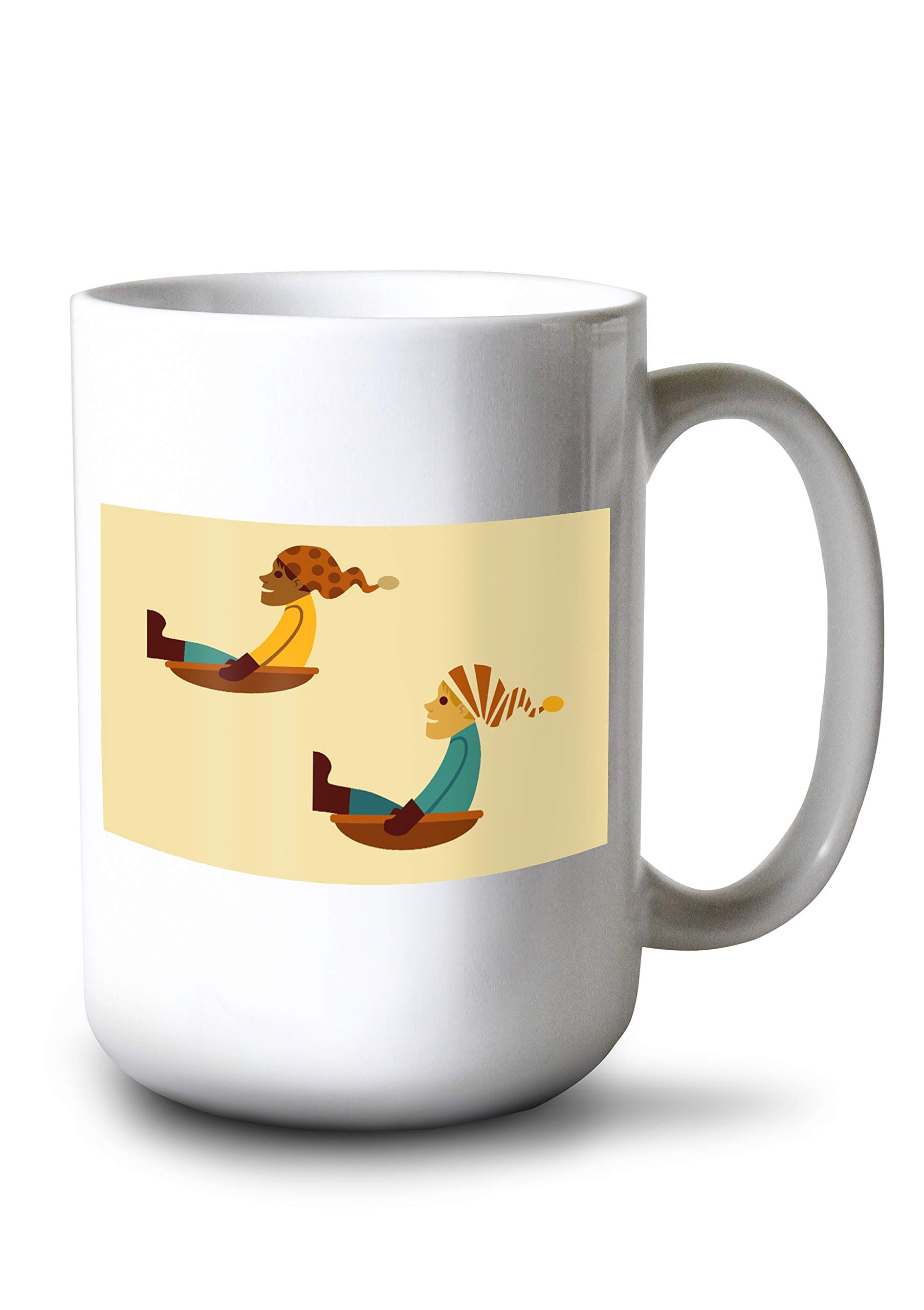 Geometric Contour 15oz White Ceramic Coffee Mug - Kids Sledding Design - Microwave & Dishwasher Safe - Perfect for Hot Cocoa, Tea & Winter Mornings