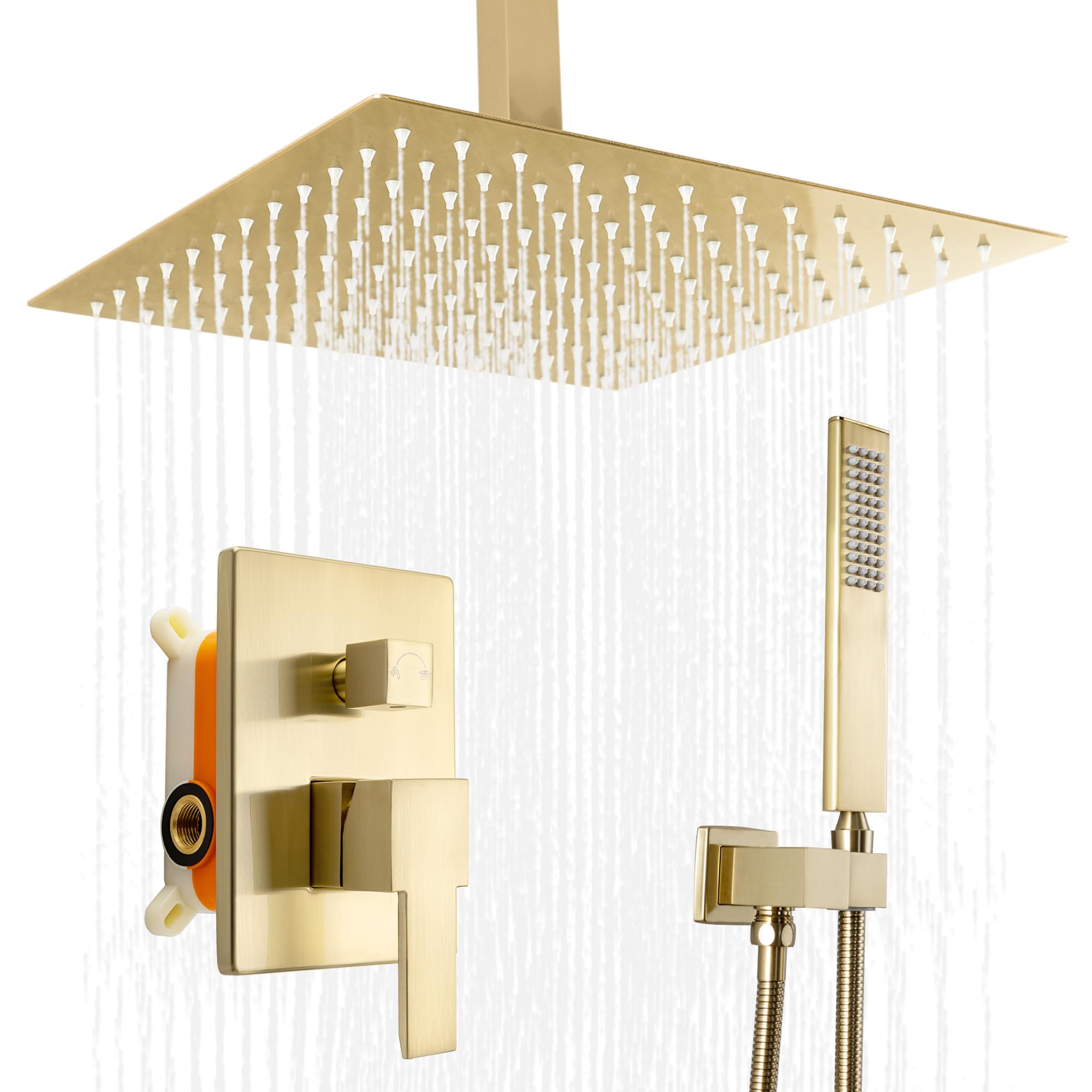 SKOWLL Brushed Gold Shower System - 8 Inch High Pressure Rainfall Shower Head with Brass Handheld Spray, Valve Body & Trim Kit | Luxury Bathroom Upgrade for Spa-Like Experience