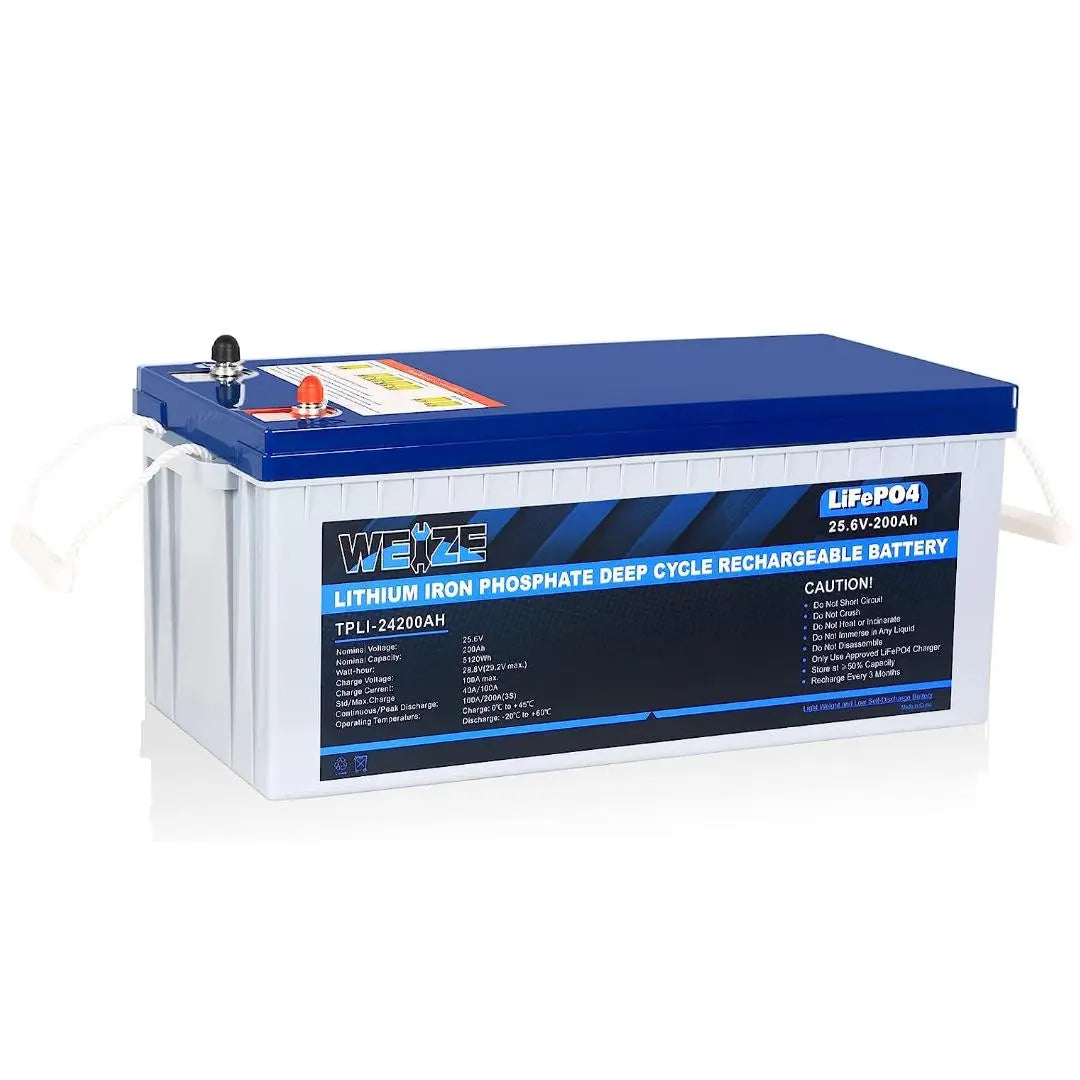 24V 200Ah 5120Wh LiFePO4 Lithium Battery - Deep Cycle Solar Power Storage for RV, Marine, Off-Grid & Home Backup Use