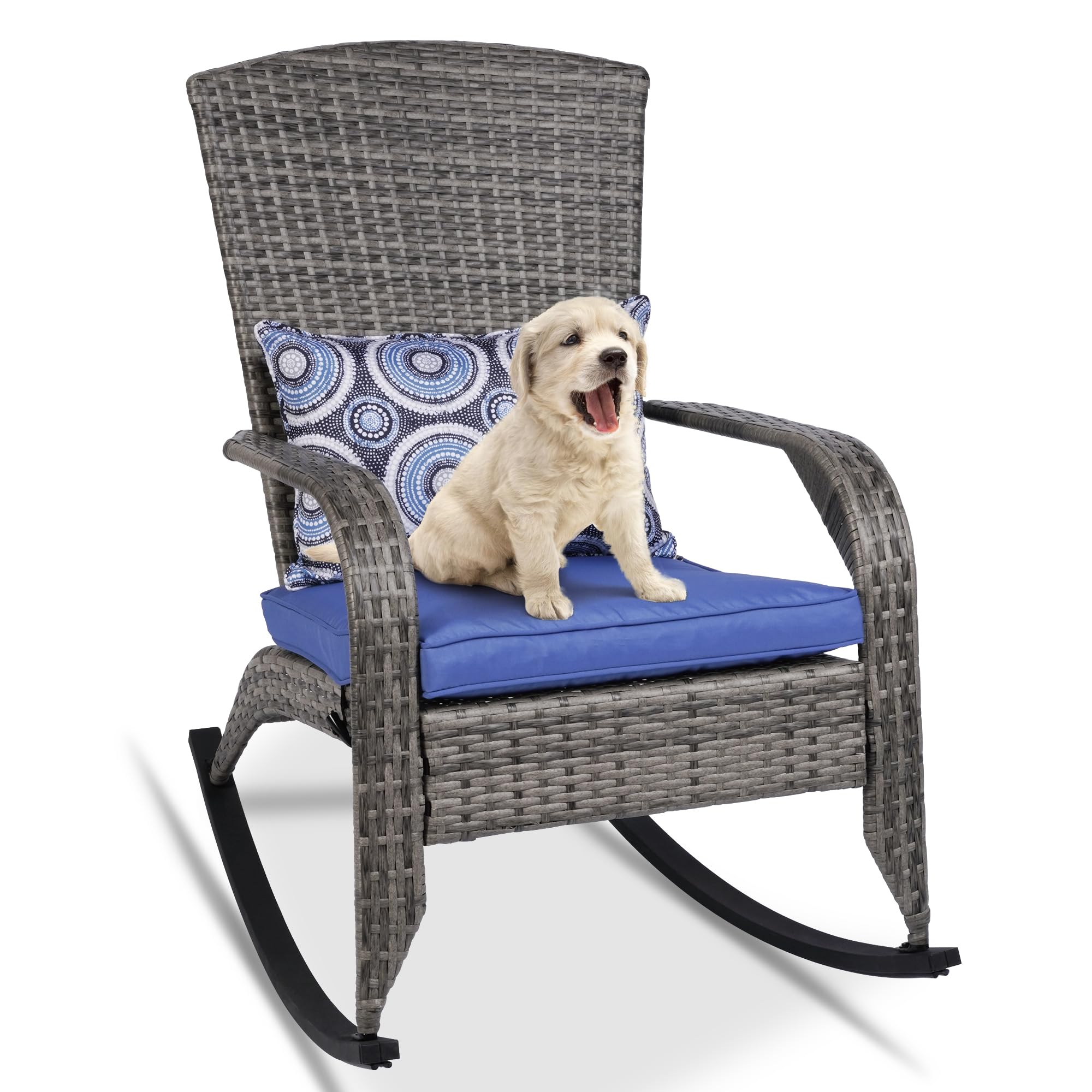 All-Weather Outdoor Rocking Chair - Rattan Patio Rocker with Steel Frame & 2 Replaceable Cushion Covers (Blue & White) - 350lbs Capacity, Grey - Perfect for Garden, Porch, and Backyard Relaxation