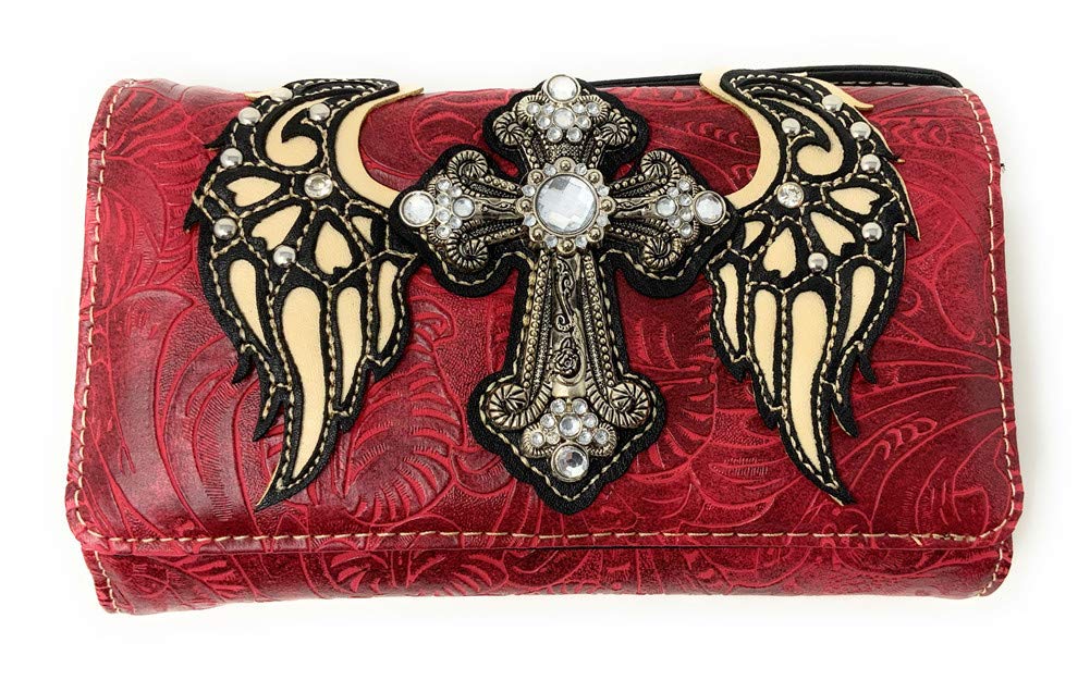 Western Style Tooled Leather Handbag with Rhinestone Cross & Wings Design - Laser Cut Bling Purse & Wallet Set in 5 Colors for Women | Perfect for Church, Parties & Western Fashion Events