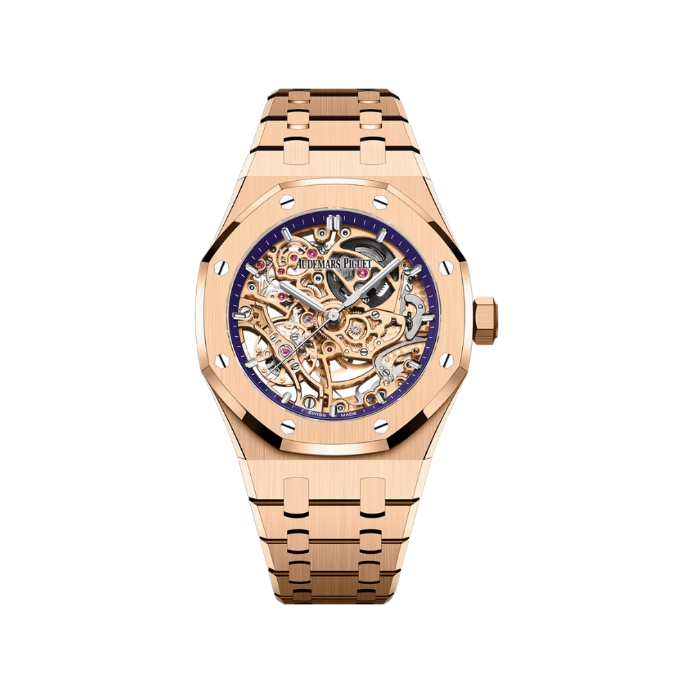 Audemars Piguet Royal Oak Openworked 15467OR.OO.1256OR.02 18K Rose Gold Watch with Purple Inner Bezel & Double Balance Wheel - Luxury Dress Watch for Men, Perfect for Formal Events & Business Occasions
