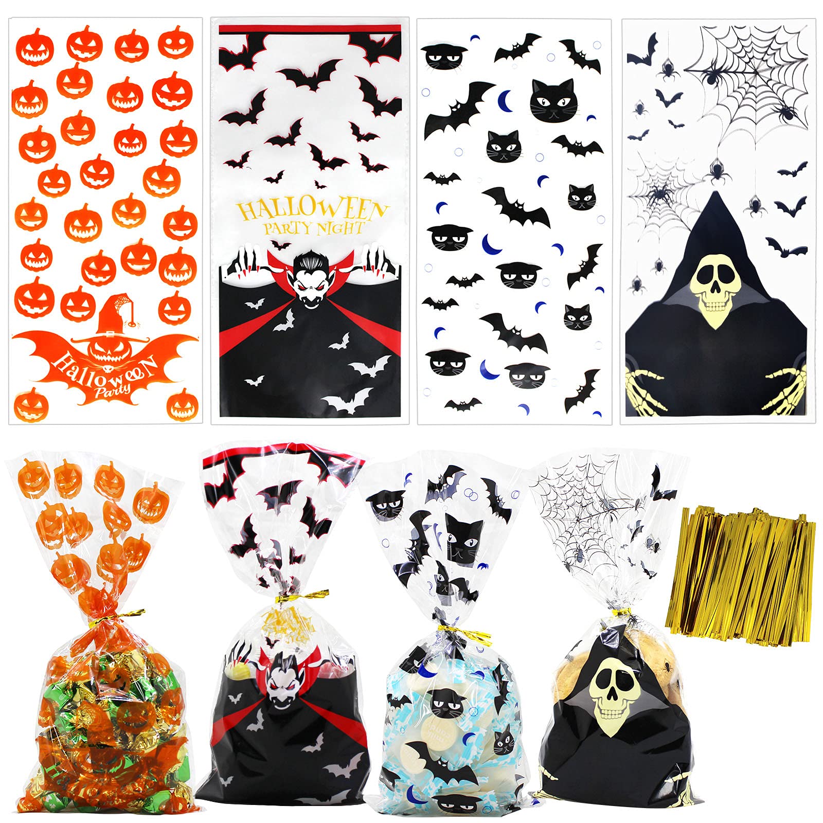 GP Life 120PCS Halloween Cellophane Candy Bags with Twist Ties - Orange & Black Party Favor Supplies for Trick or Treat, Classroom Treats & Halloween Party Decorations