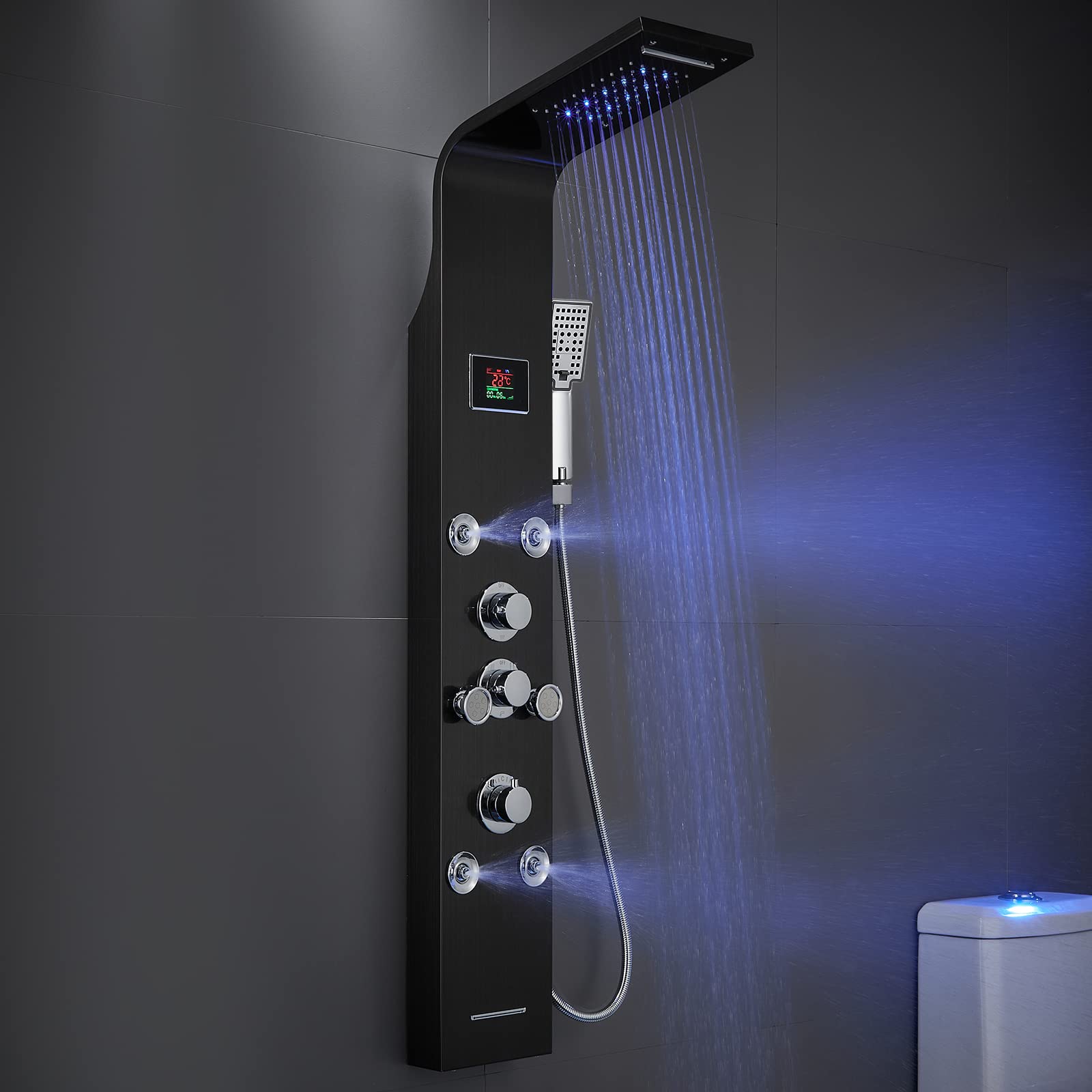 MENATT LED Light Shower Panel System - Black Stainless Steel Shower Tower with Rainfall Shower Head, Massage Jets, Handheld Shower & Tub Spout for Luxurious Spa-Like Bathroom Experience