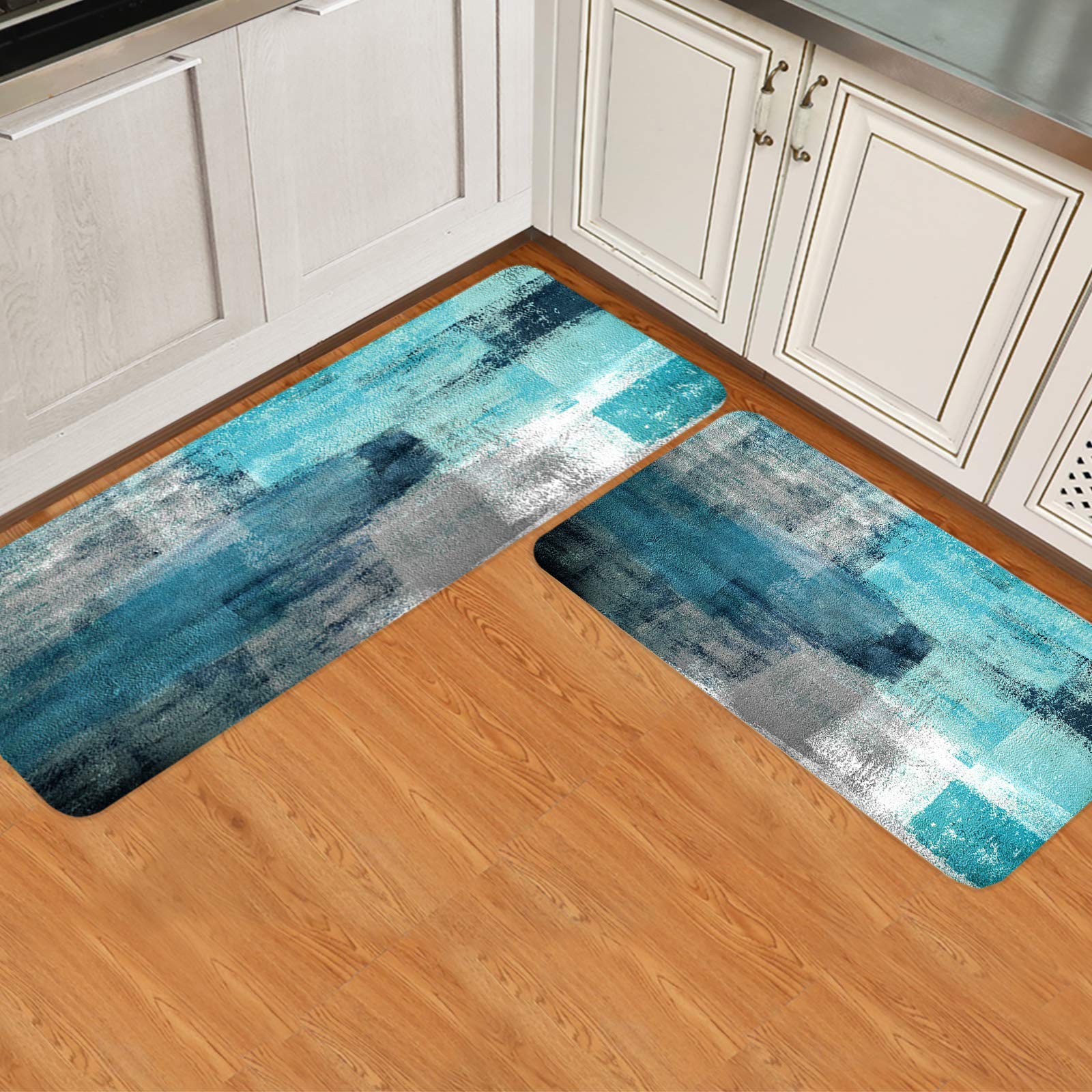 ARTSHOWING Non-Slip Kitchen Rugs Set of 2 - Turquoise Grey Abstract Design, Durable Floor Mats for Sink & Laundry Area (23.6x35.4