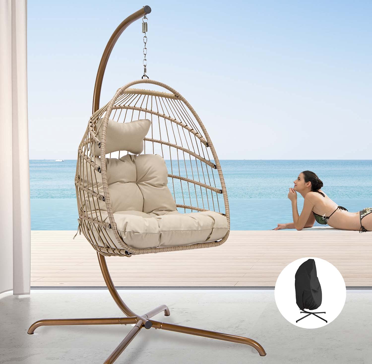 NICESOUL Indoor/Outdoor Wicker Hanging Egg Chair with Stand - 350lbs Capacity Patio Swing Hammock with Cushions & Cover - Sturdy Porch Swing for Backyard, Balcony, Garden (Beige) - Perfect for Relaxing, Reading & Lounging