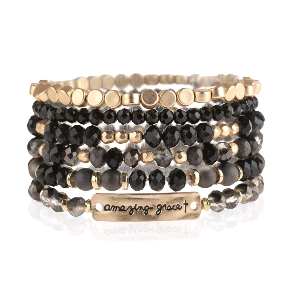 Stackable Beaded Bracelets Set - Crystal, Stone & Cross for Prayer & Gifting