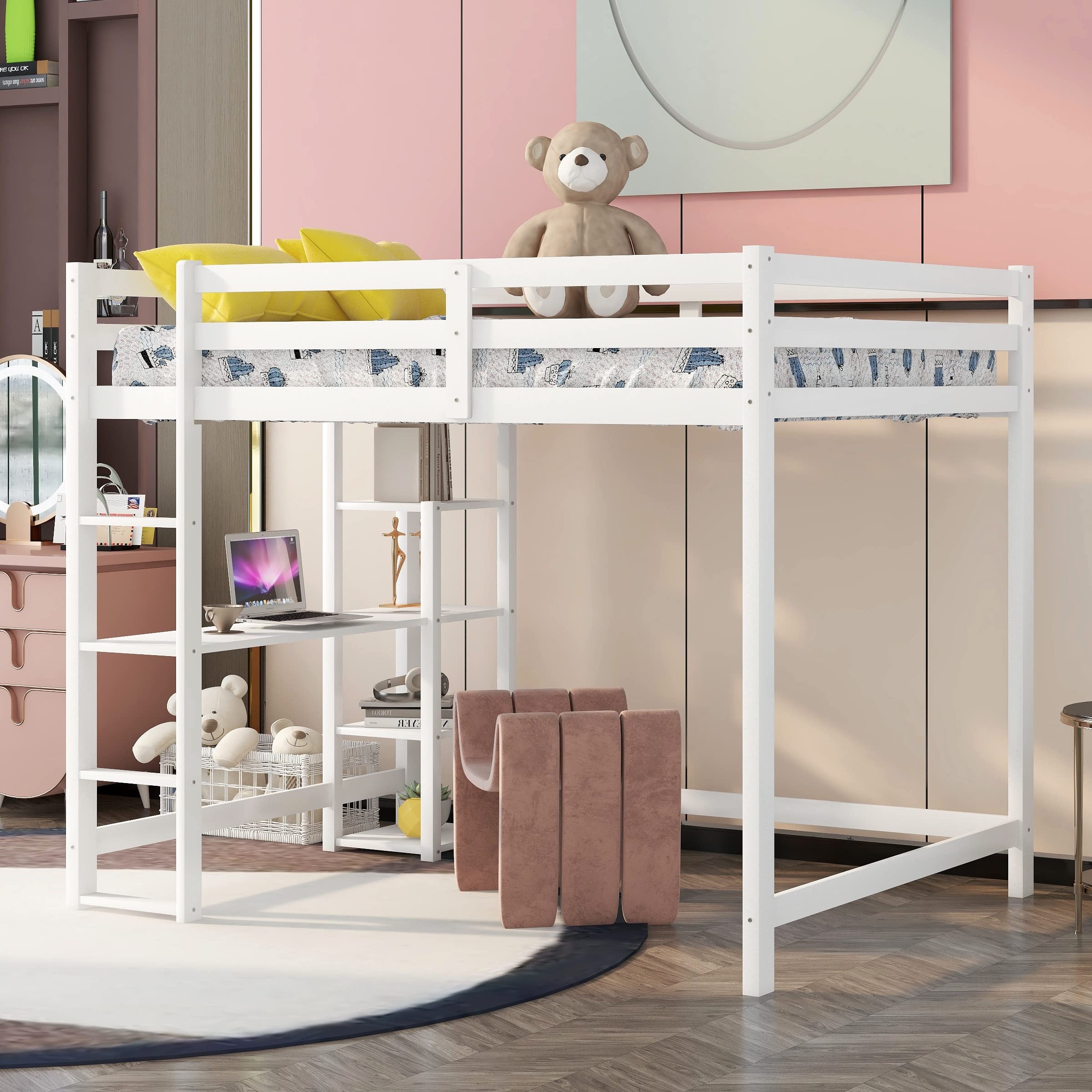 Full Size Loft Bed with Desk & Storage Shelves - Sturdy Wooden Bunk Bed Frame for Dorm, Kids, Teens & Adults - Space-Saving Study & Sleep Solution for Small Rooms - White