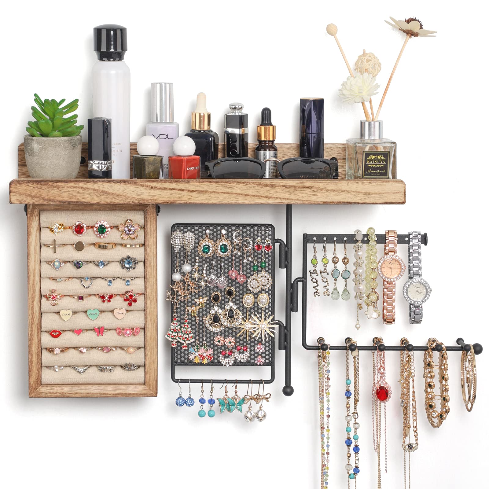 SOLIMINTR Rustic Wood Wall Mount Jewelry Organizer - Rotating Necklace Holder, Earring & Ring Display Box for Bedroom, Bathroom & Closet Organization